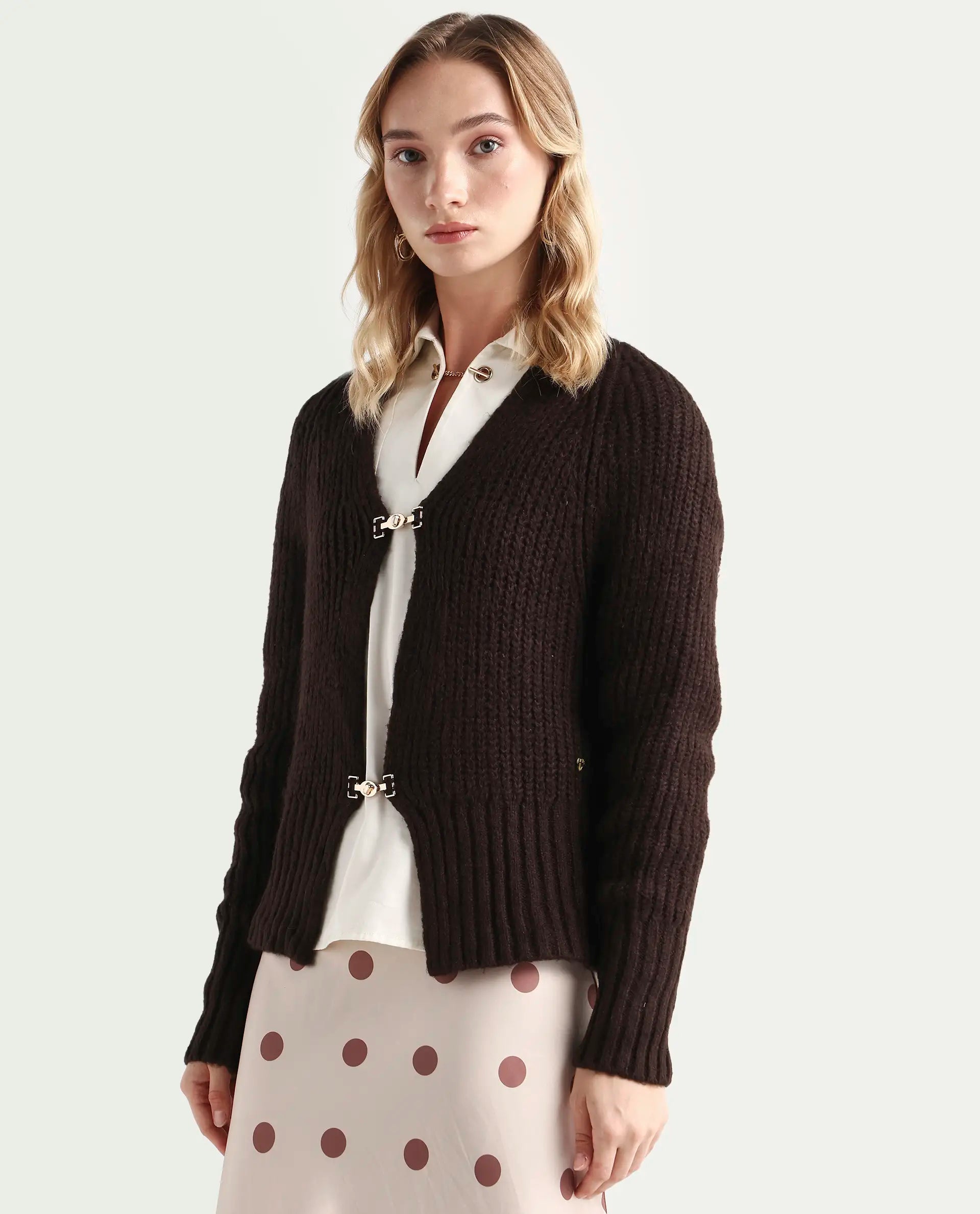 Rareism Women's Okali Brown V-Neck Plain Regular Fit Cardigan