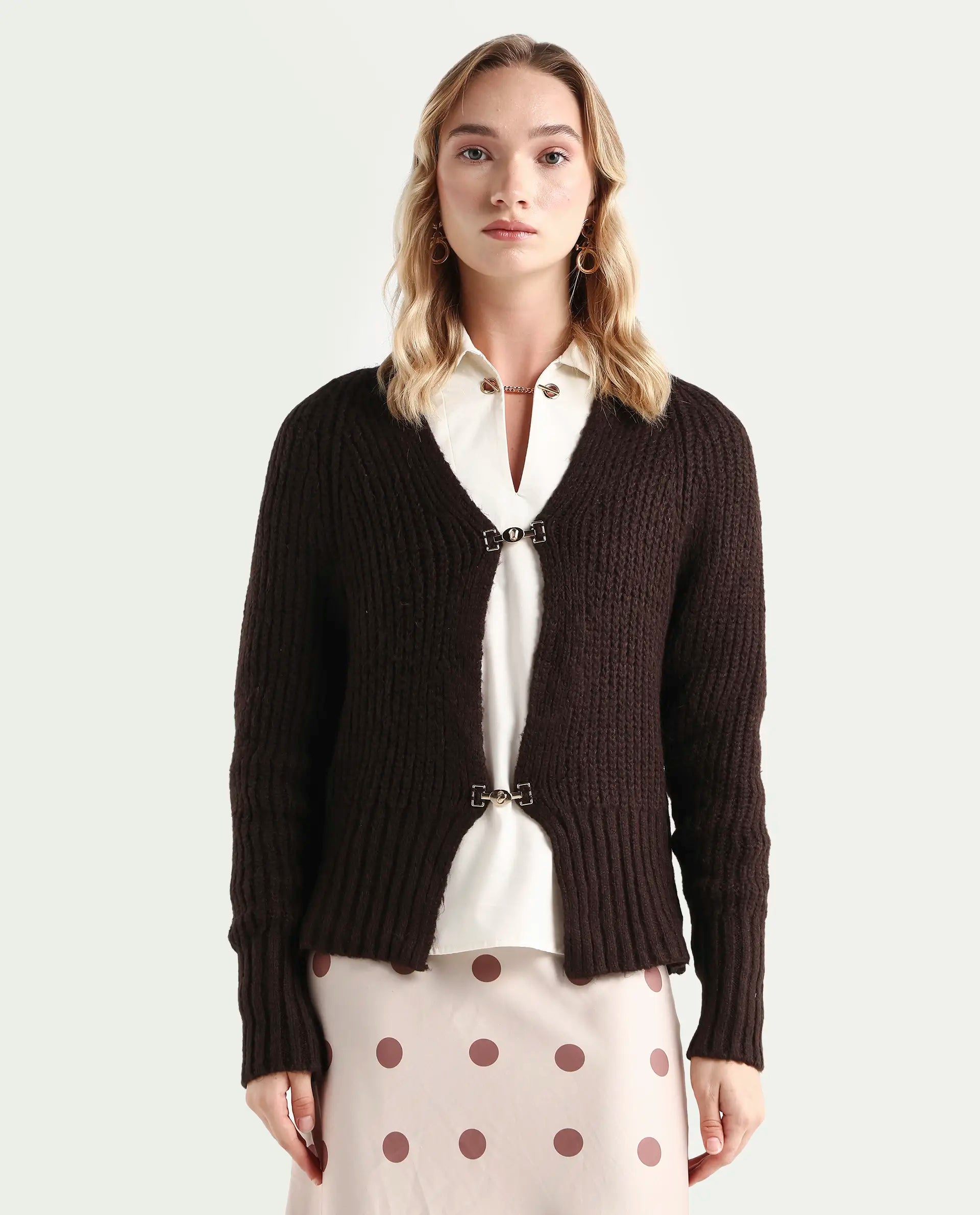 Rareism Women's Okali Brown V-Neck Plain Regular Fit Cardigan