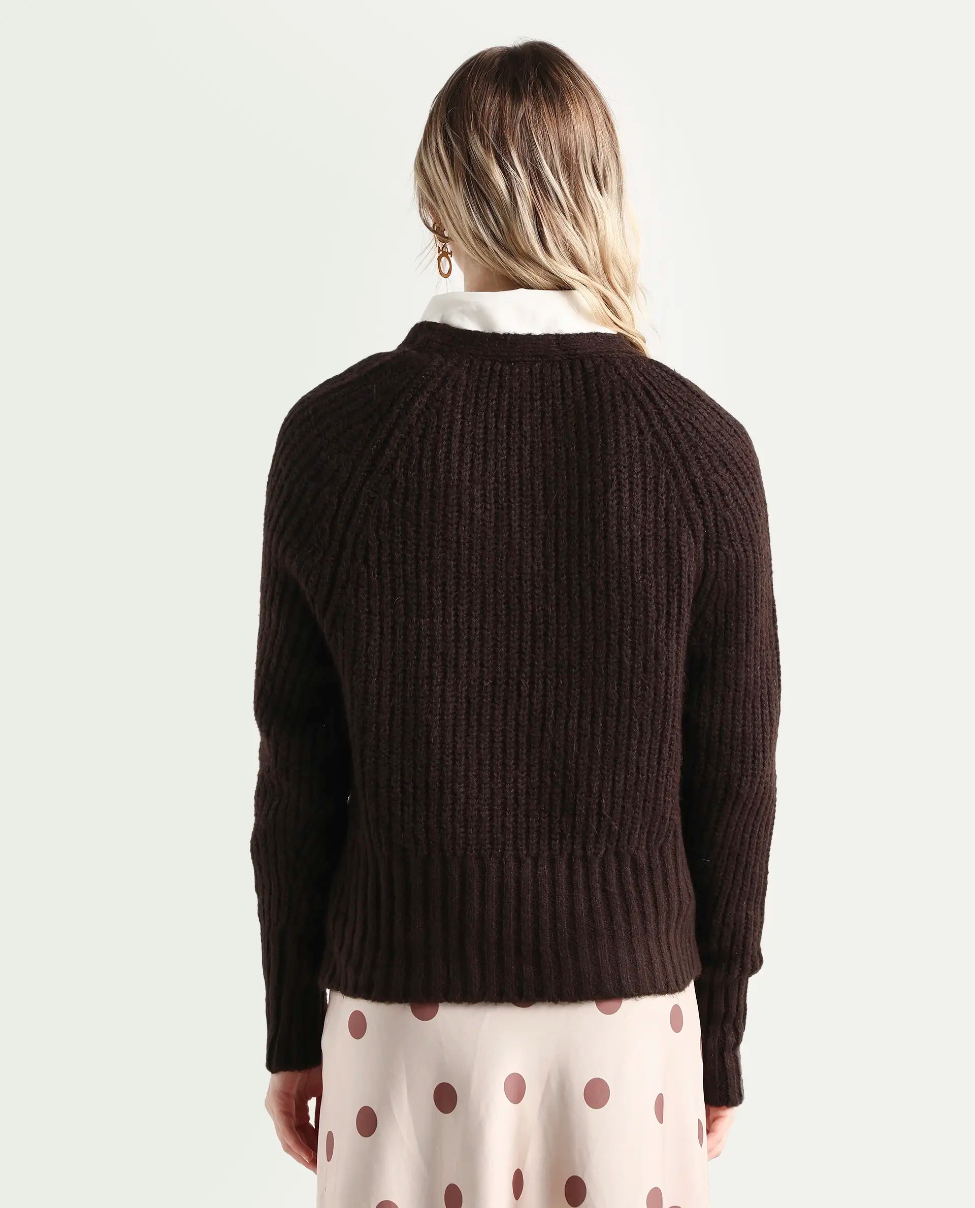 Rareism Women's Okali Brown V-Neck Plain Regular Fit Cardigan