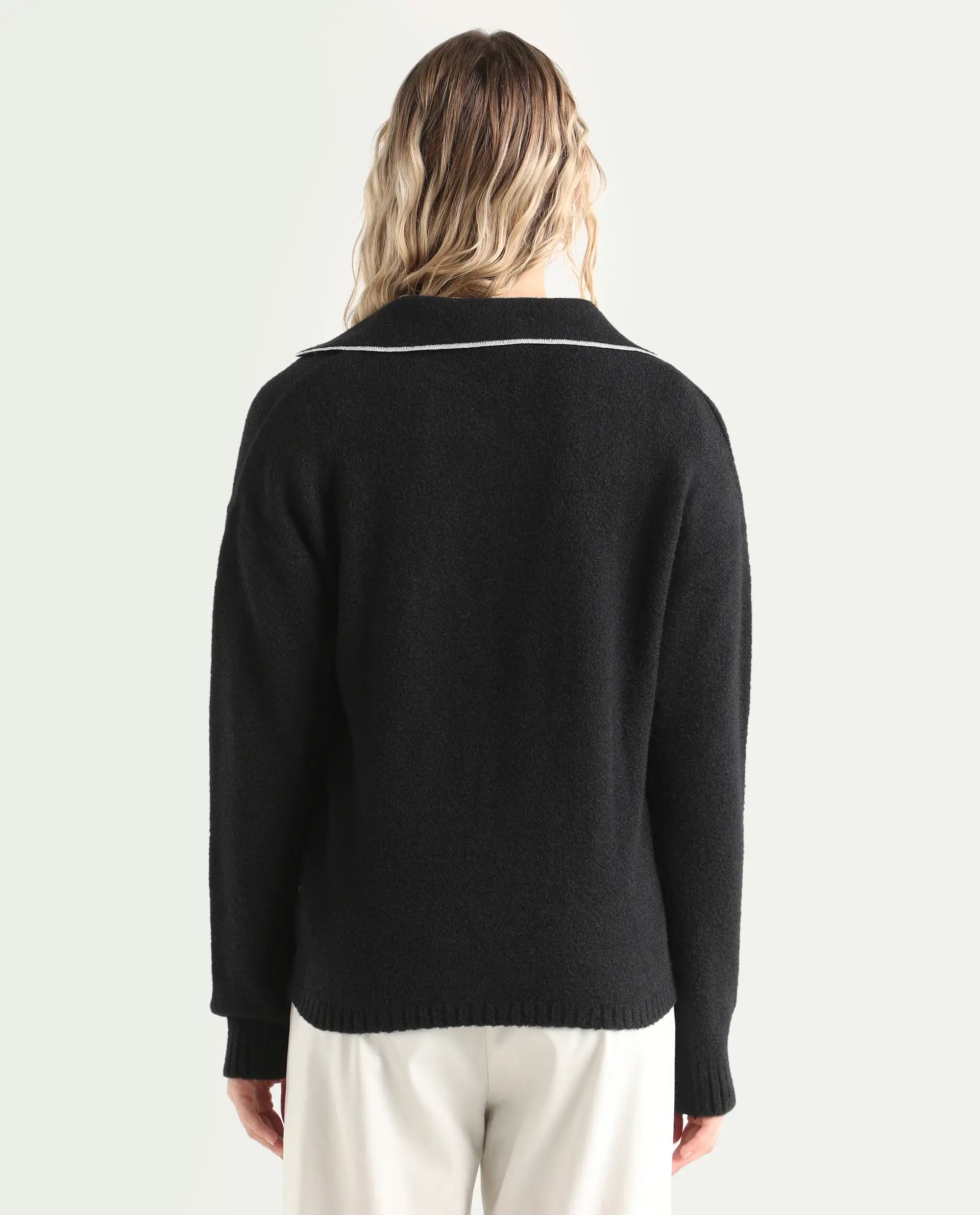 Rareism Women's Sirnak Black Acrylic Spread Collar Plain Relaxed Fit Sweater
