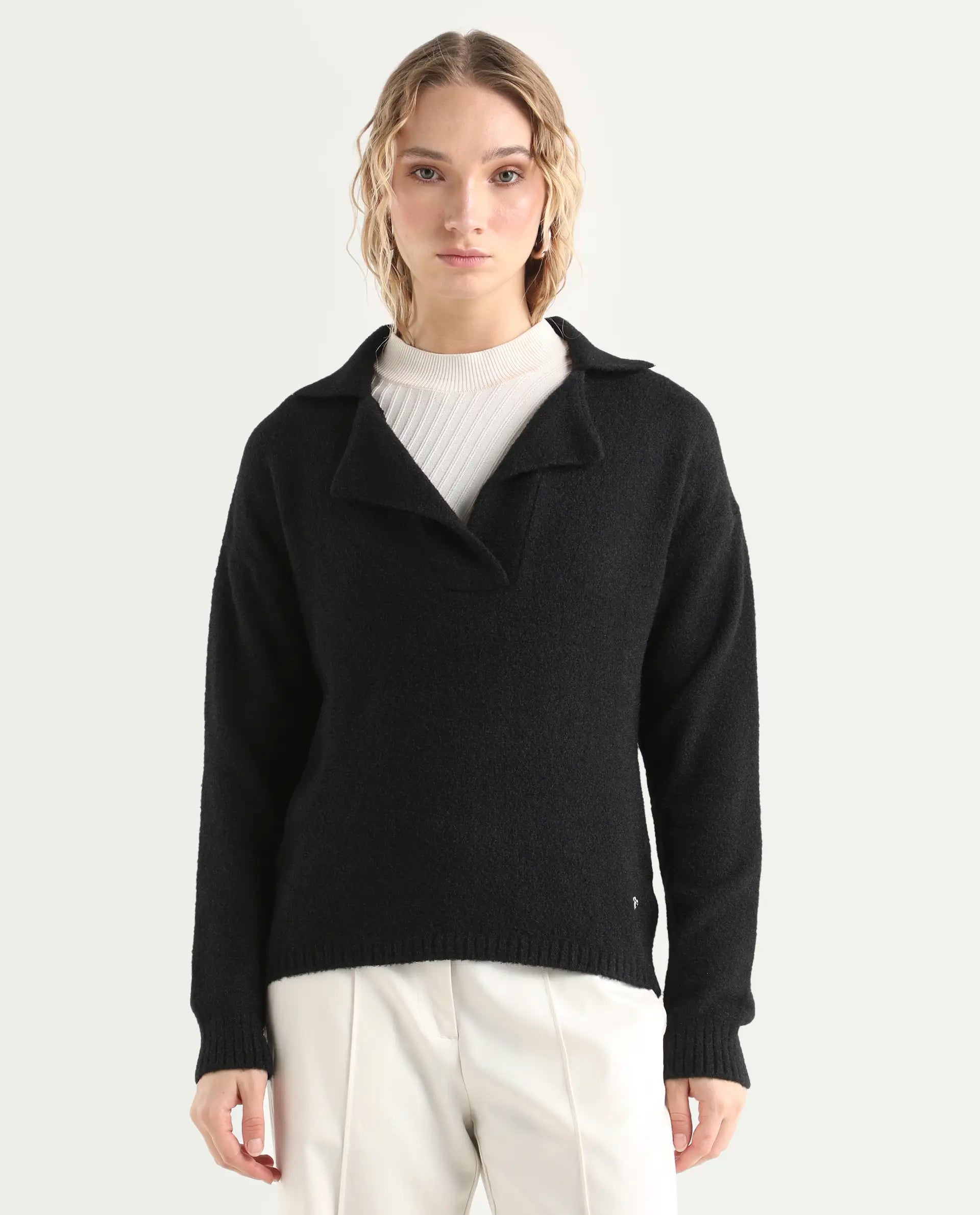 Rareism Women's Sirnak Black Acrylic Spread Collar Plain Relaxed Fit Sweater