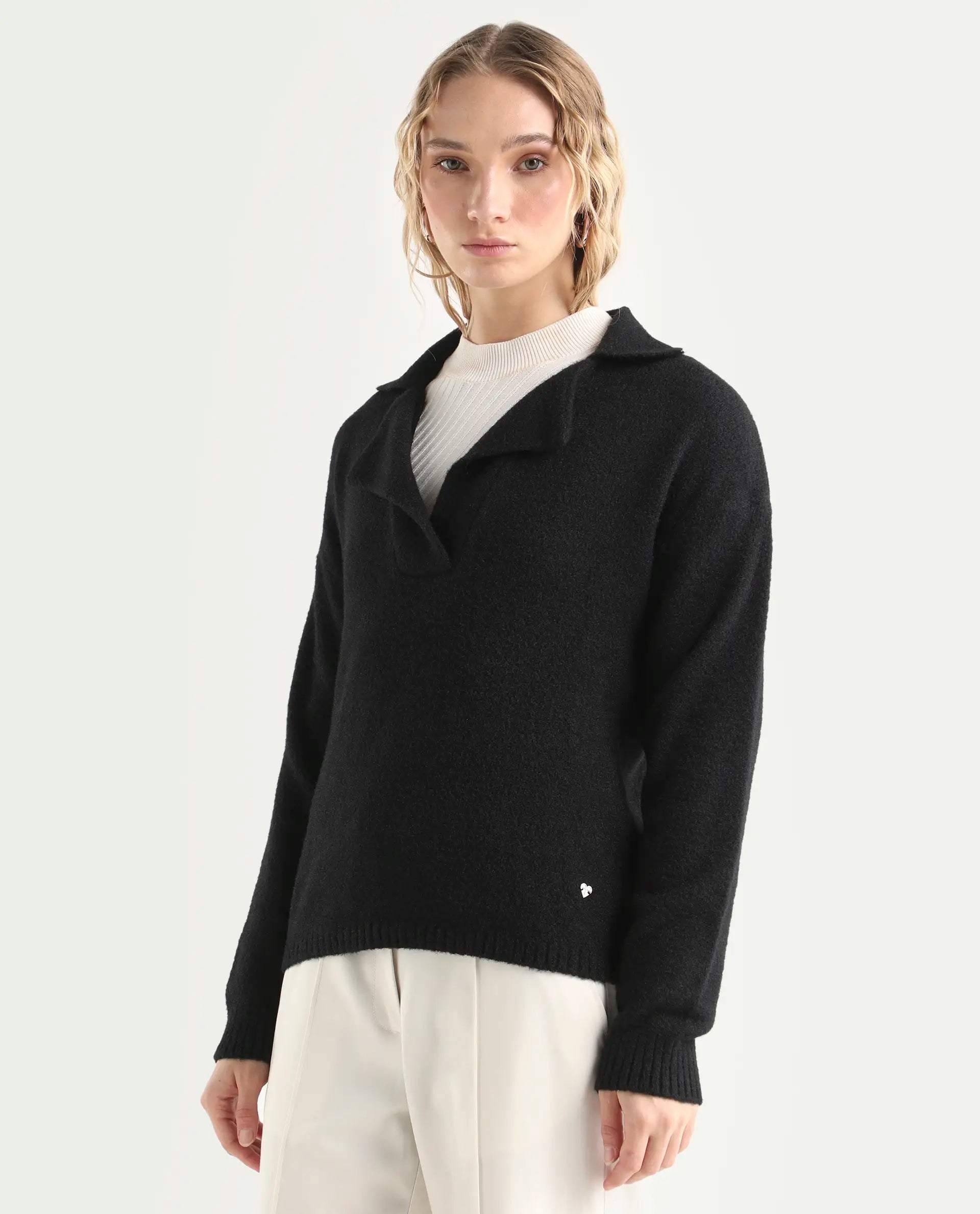 Rareism Women's Sirnak Black Acrylic Spread Collar Plain Relaxed Fit Sweater