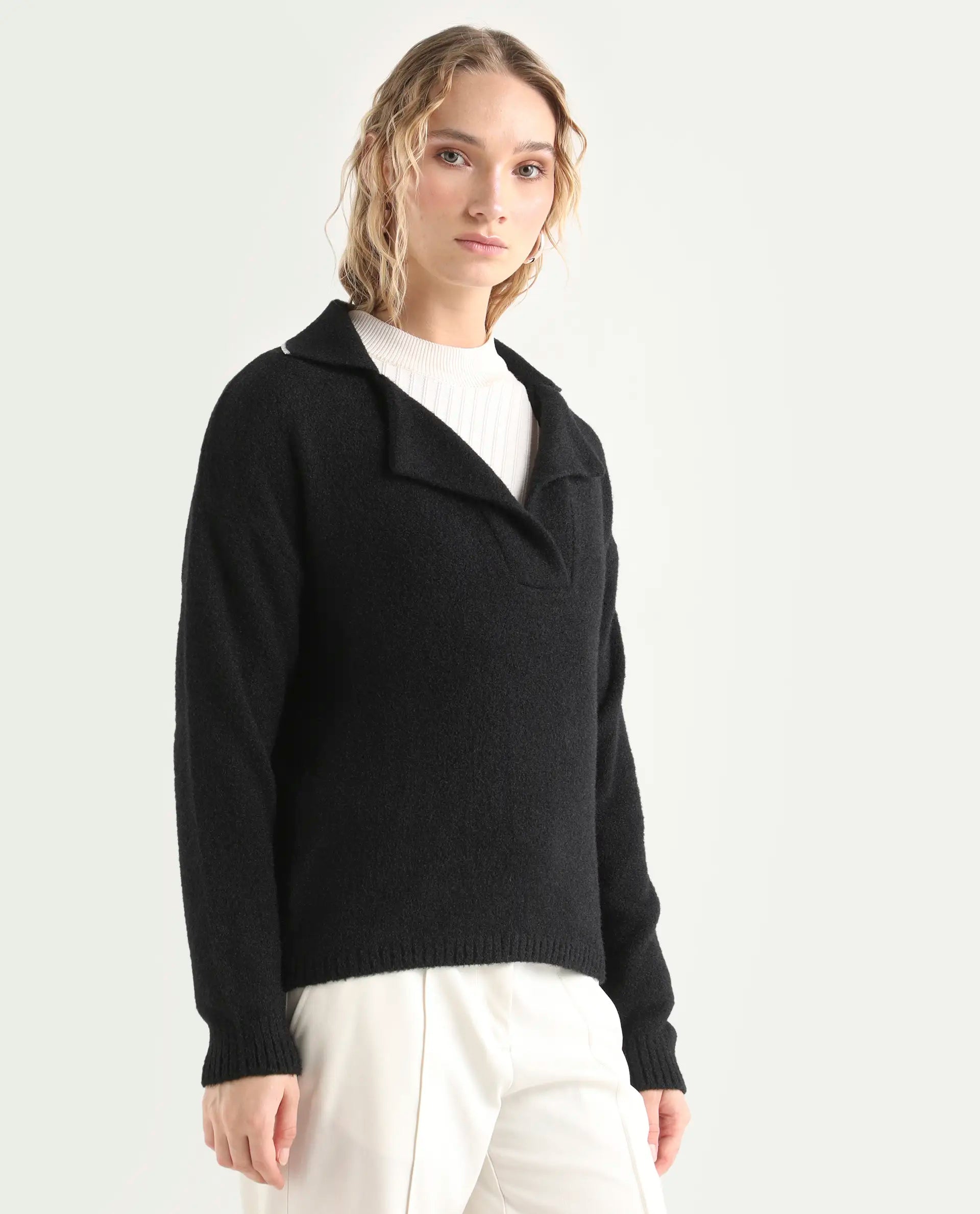 Rareism Women's Sirnak Black Acrylic Spread Collar Plain Relaxed Fit Sweater