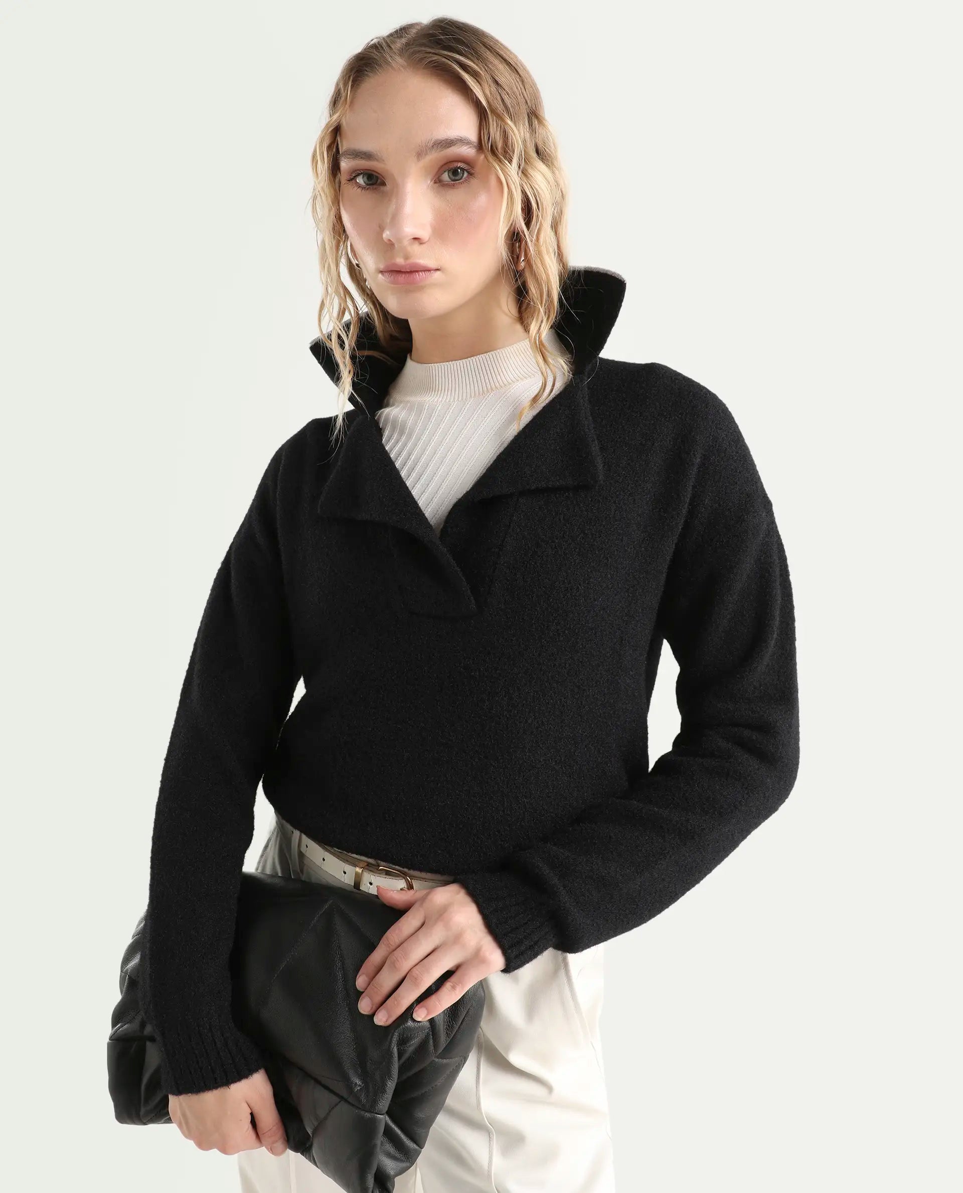 Rareism Women's Sirnak Black Acrylic Spread Collar Plain Relaxed Fit Sweater