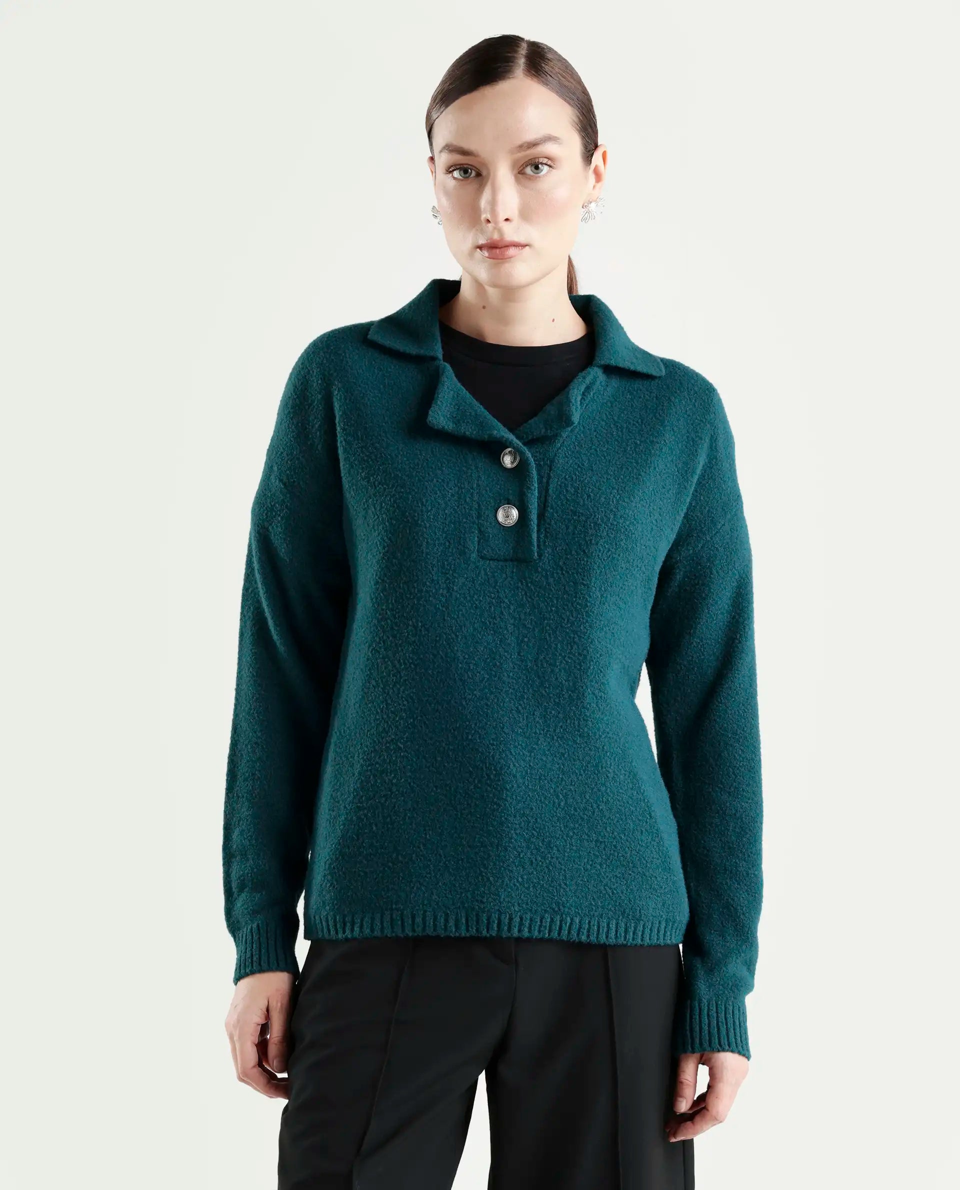 Rareism Women's Sirnak Green Drop Collar Plain Relaxed Fit Sweater