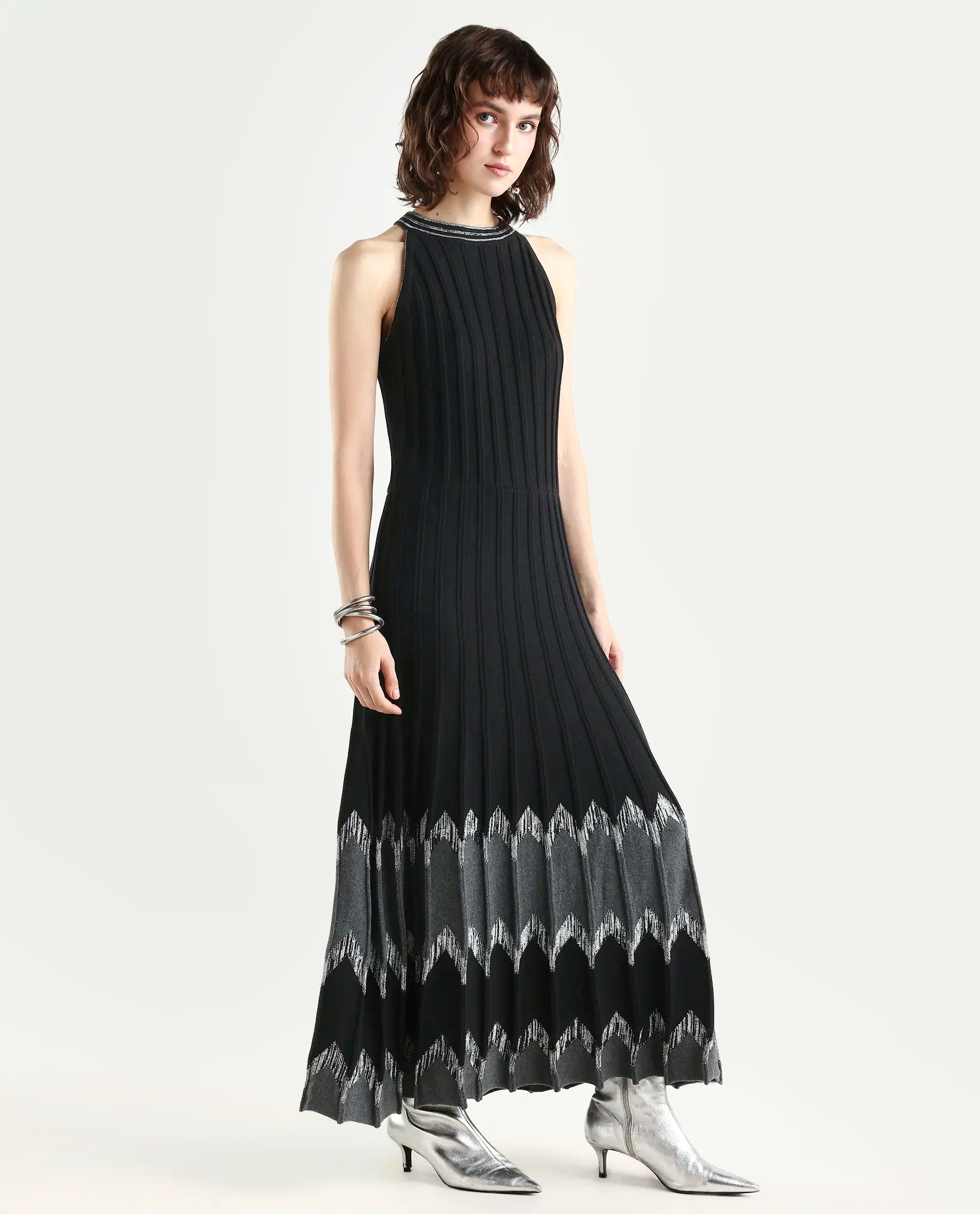 Rareism Women's Veron Black Cotton Halter Neck Plain Sleeveless Midi A-Line Dress