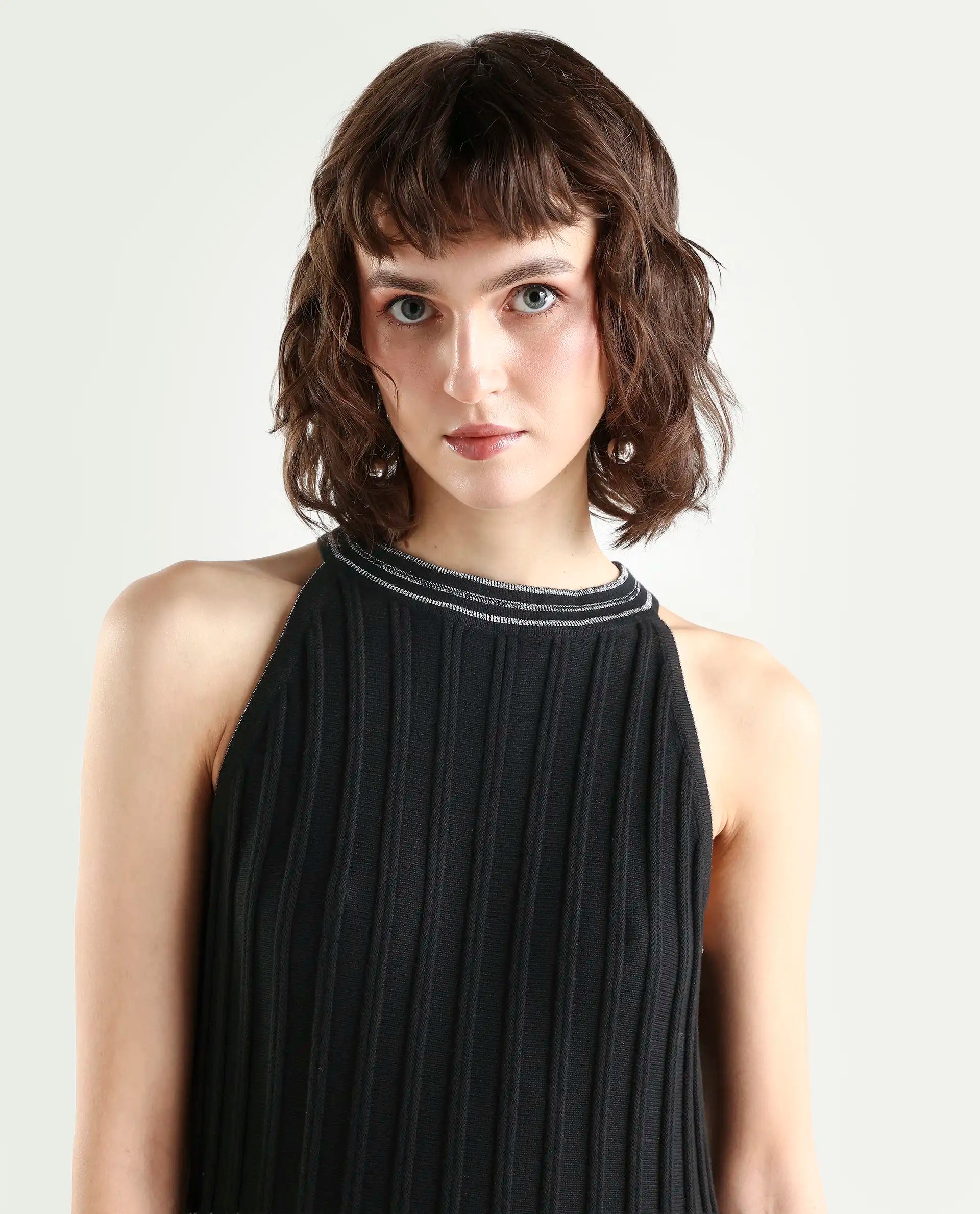 Rareism Women's Veron Black Cotton Halter Neck Plain Sleeveless Midi A-Line Dress