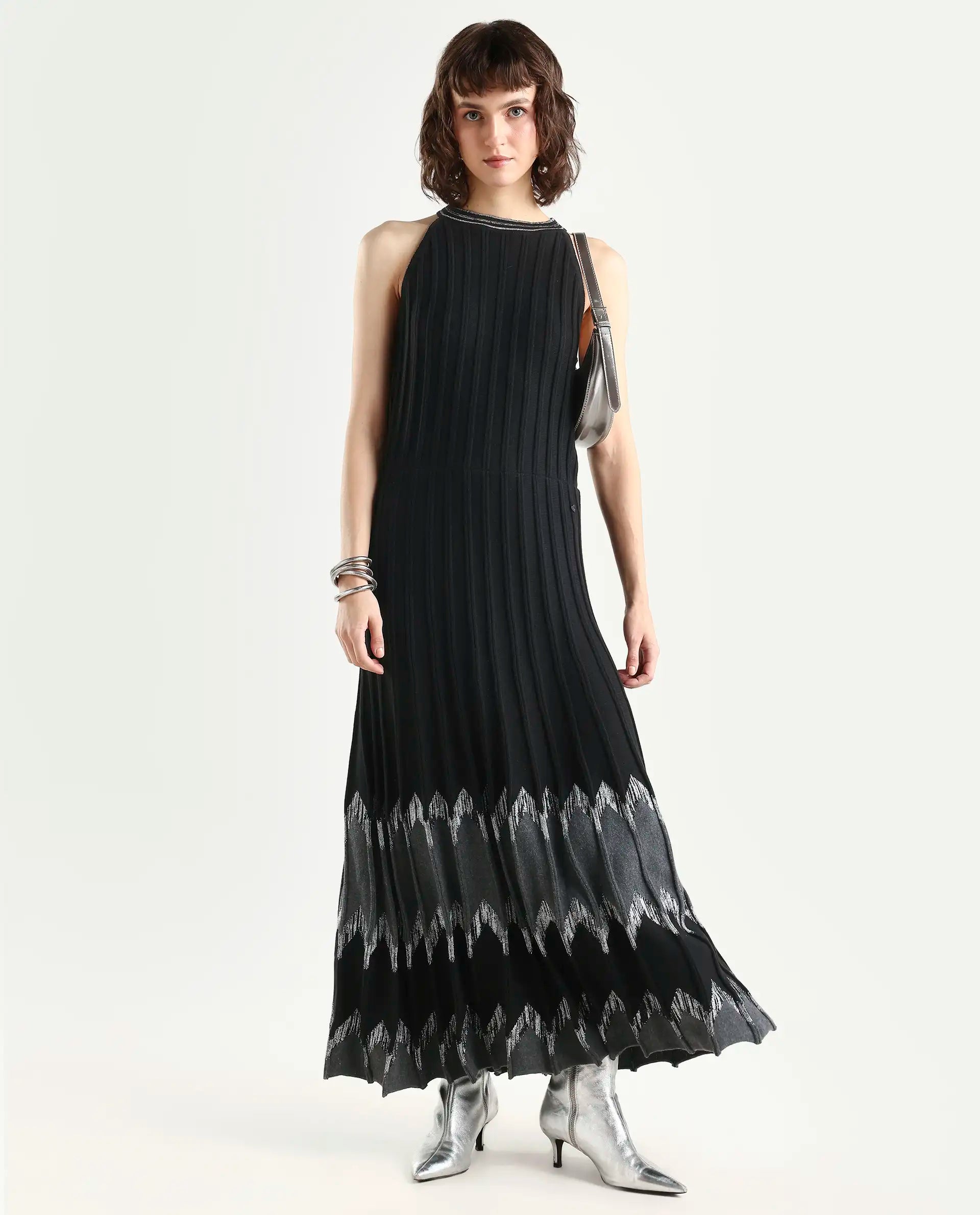 Rareism Women's Veron Black Cotton Halter Neck Plain Sleeveless Midi A-Line Dress