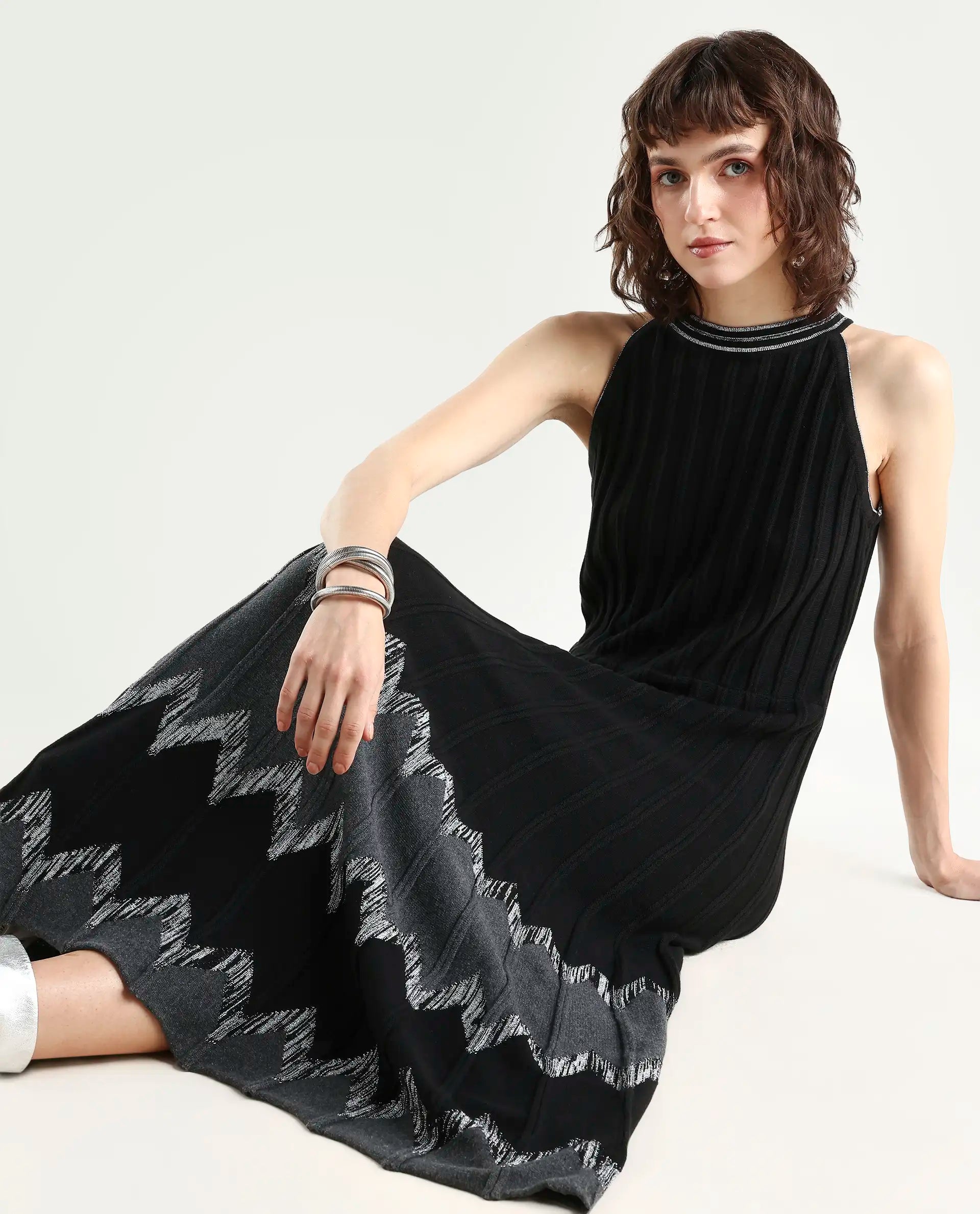Rareism Women's Veron Black Cotton Halter Neck Plain Sleeveless Midi A-Line Dress
