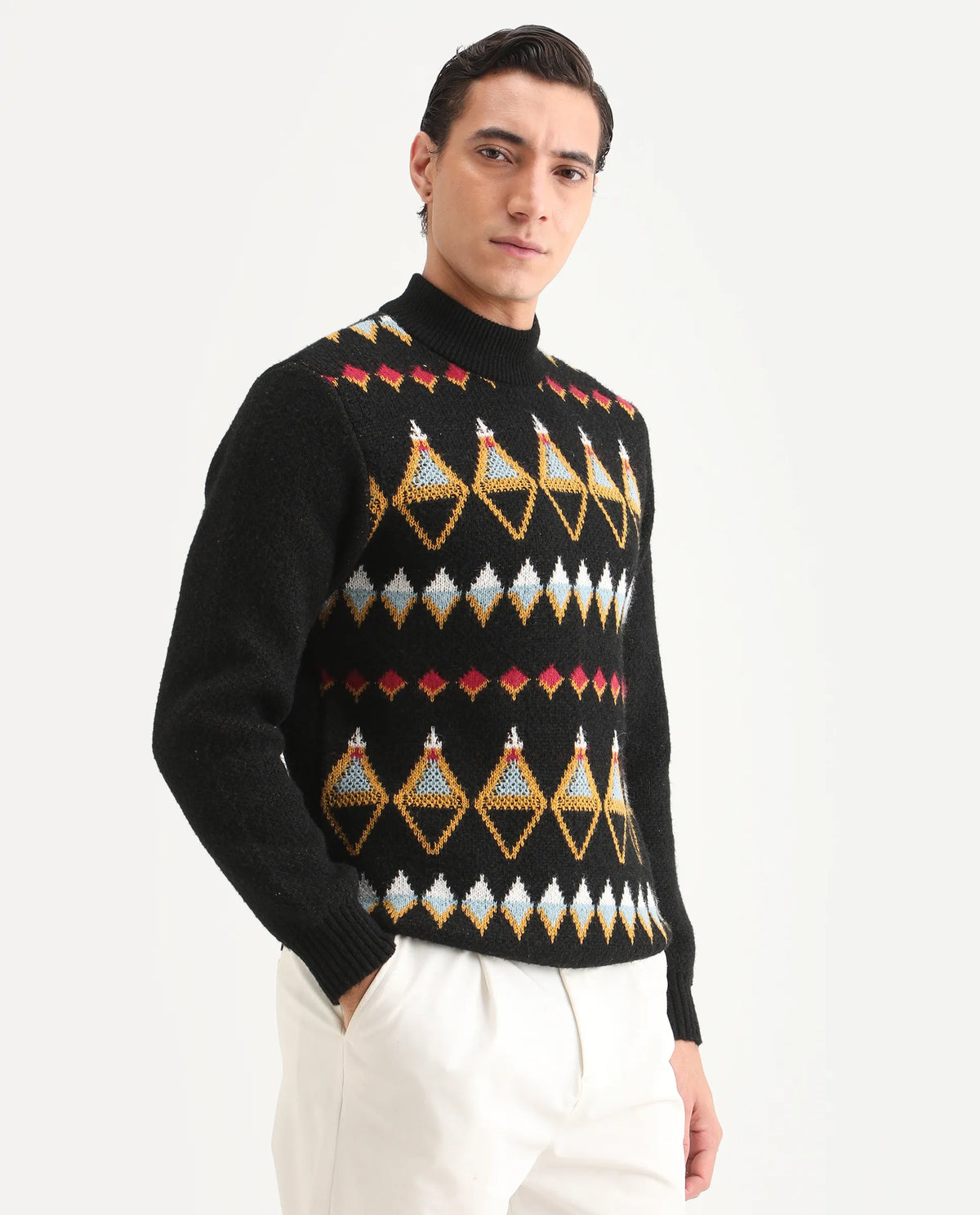 Rare Rabbit Men's Gaze Black Polyester Geometric Print Regular Fit Full Sleeve Crew Neck Sweater