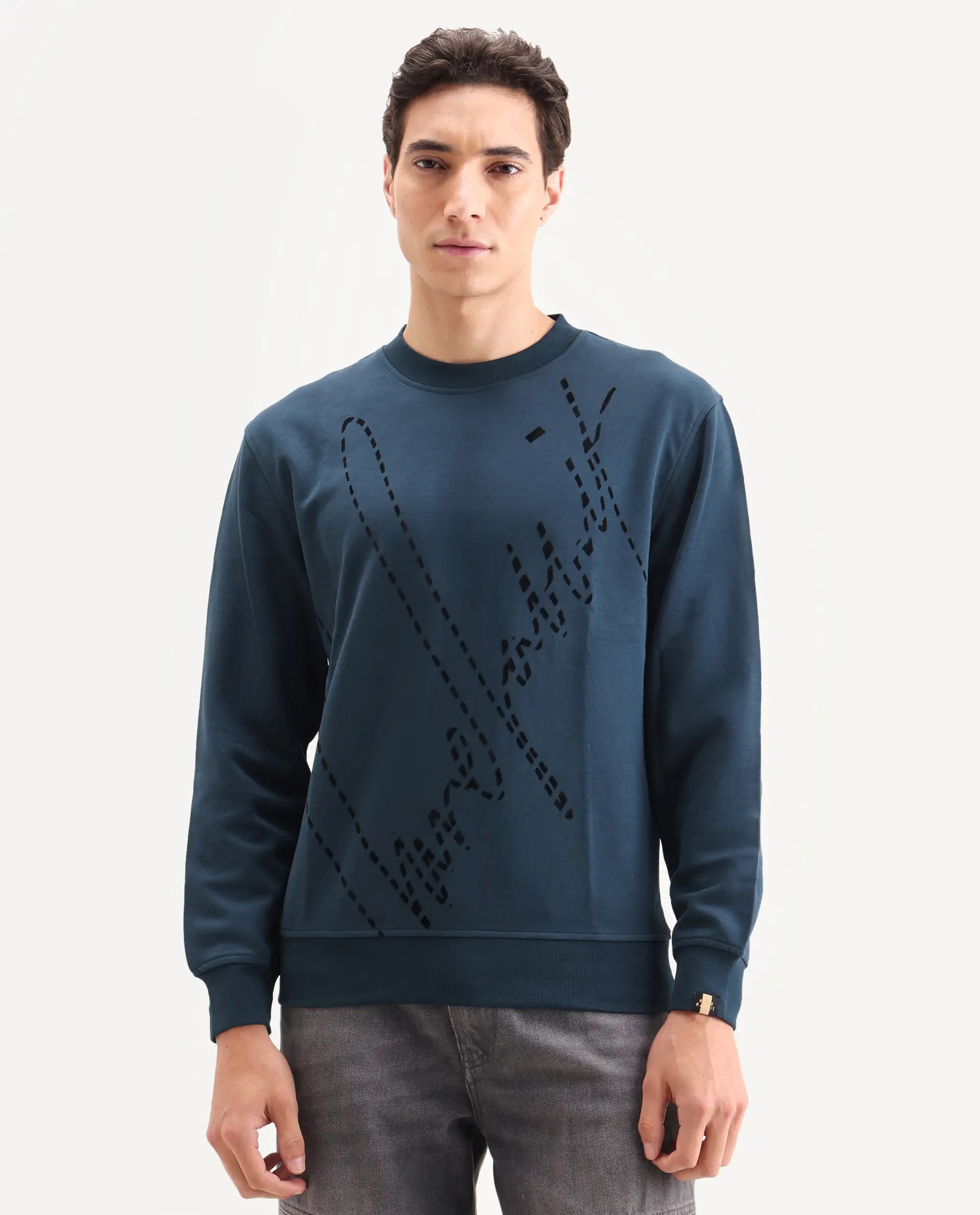 Rare Rabbit Men's Barak Teal Cotton Graphic Print Regular Fit Full Sleeve Crew Neck Sweatshirt