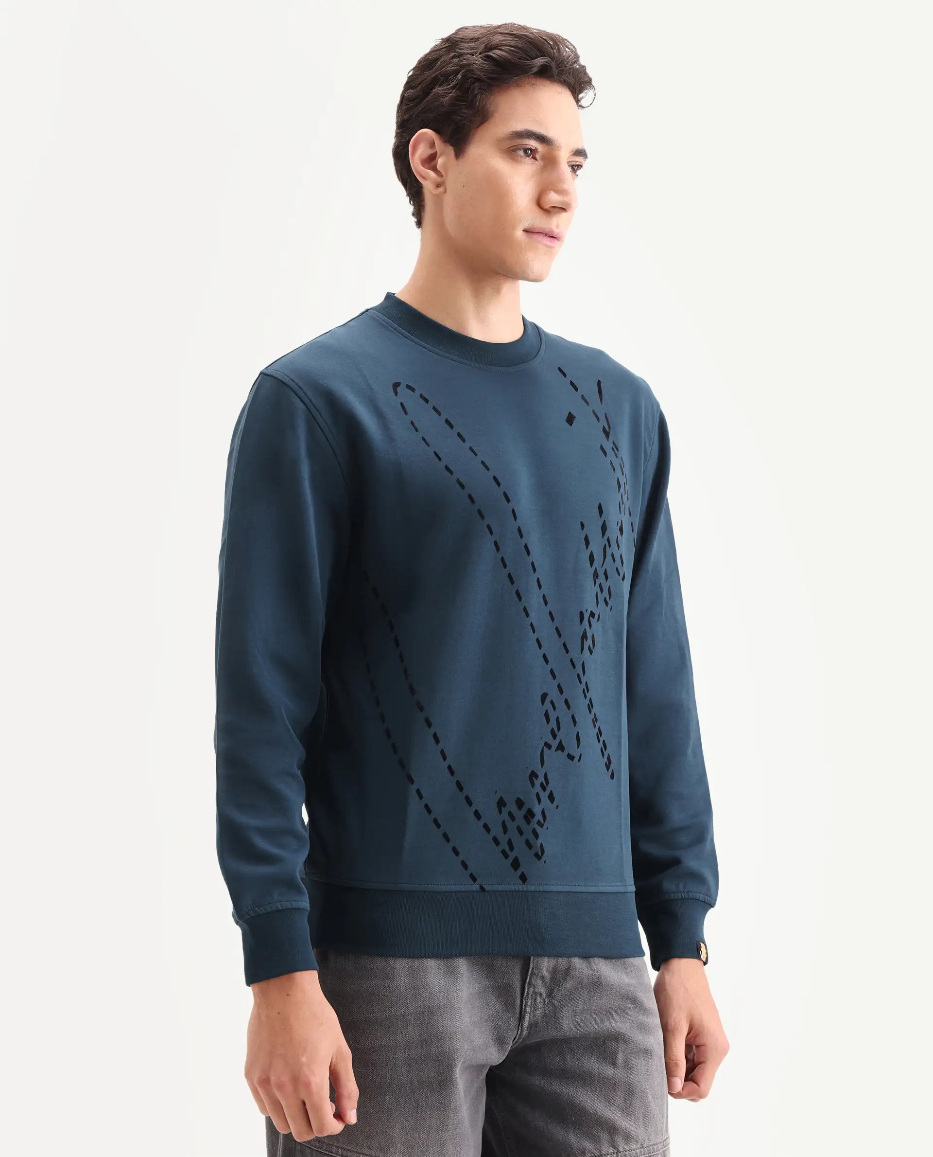 Rare Rabbit Men's Barak Teal Cotton Graphic Print Regular Fit Full Sleeve Crew Neck Sweatshirt