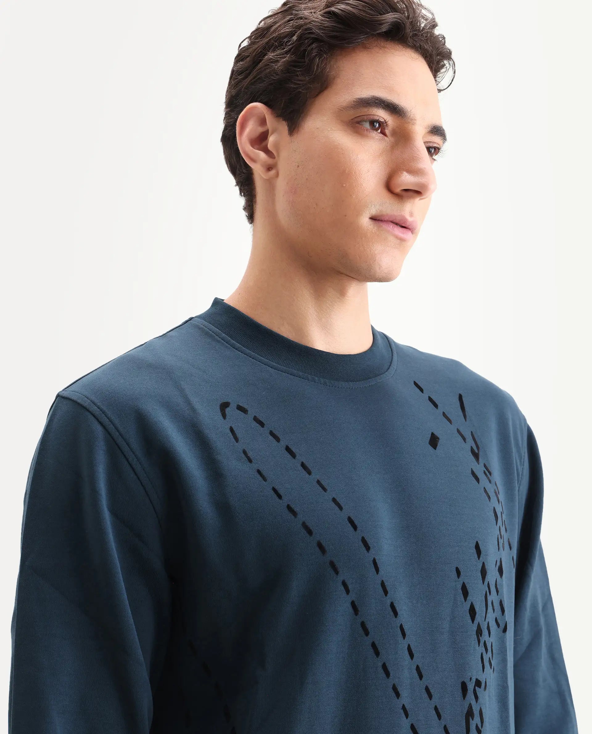 Rare Rabbit Men's Barak Teal Cotton Graphic Print Regular Fit Full Sleeve Crew Neck Sweatshirt