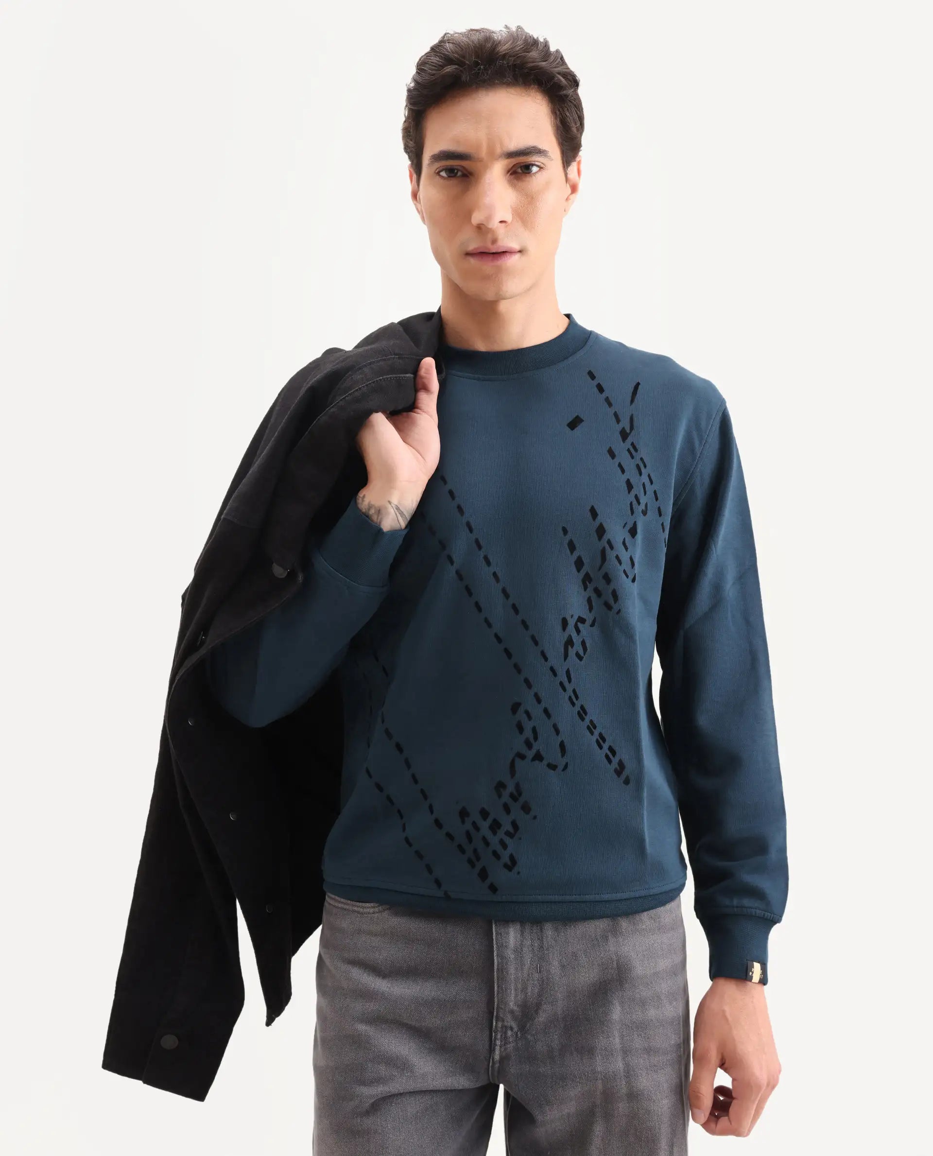 Rare Rabbit Men's Barak Teal Cotton Graphic Print Regular Fit Full Sleeve Crew Neck Sweatshirt