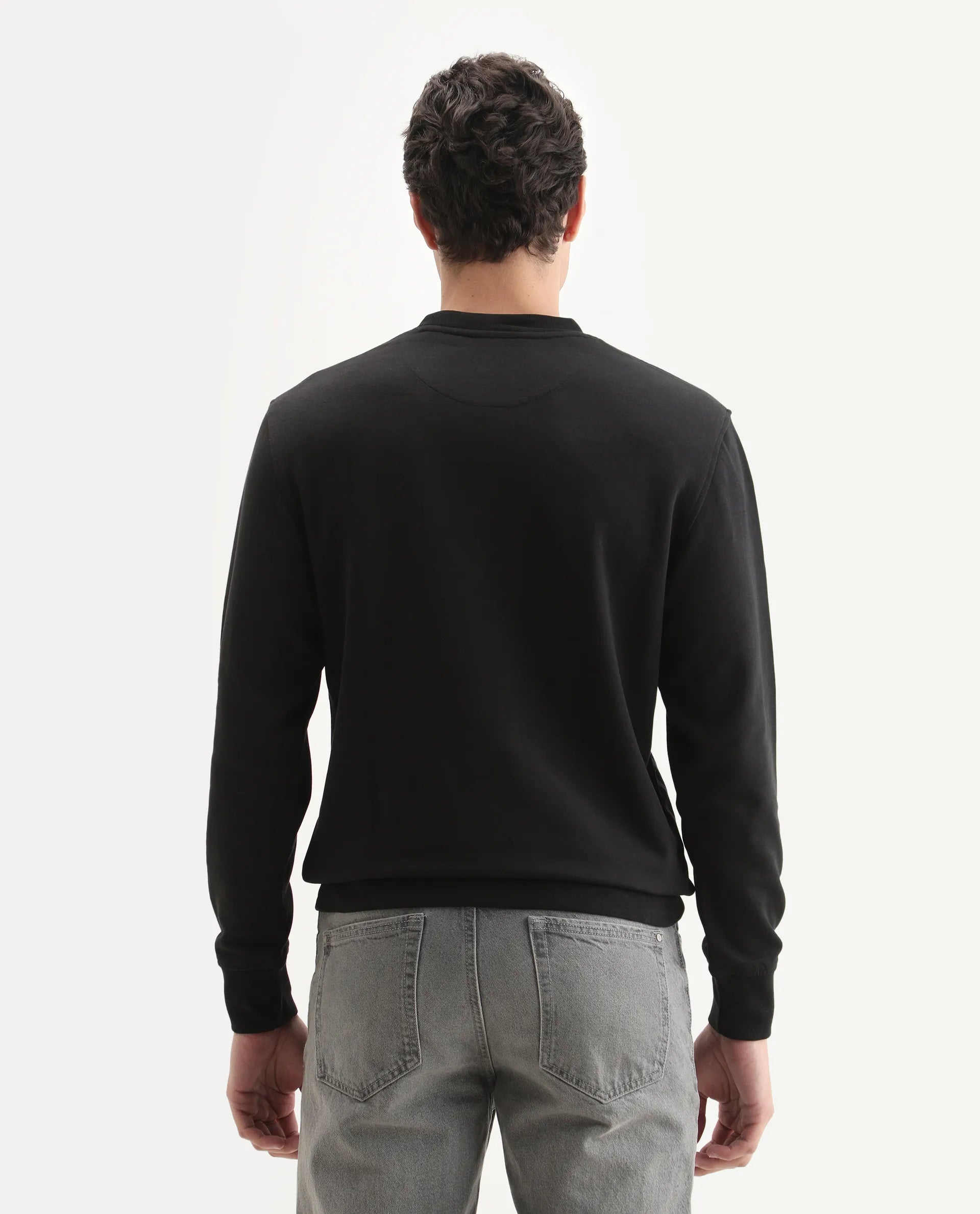 Rare Rabbit Men's Baron Black Plain Regular Fit Full Sleeve Crew Neck Sweatshirt