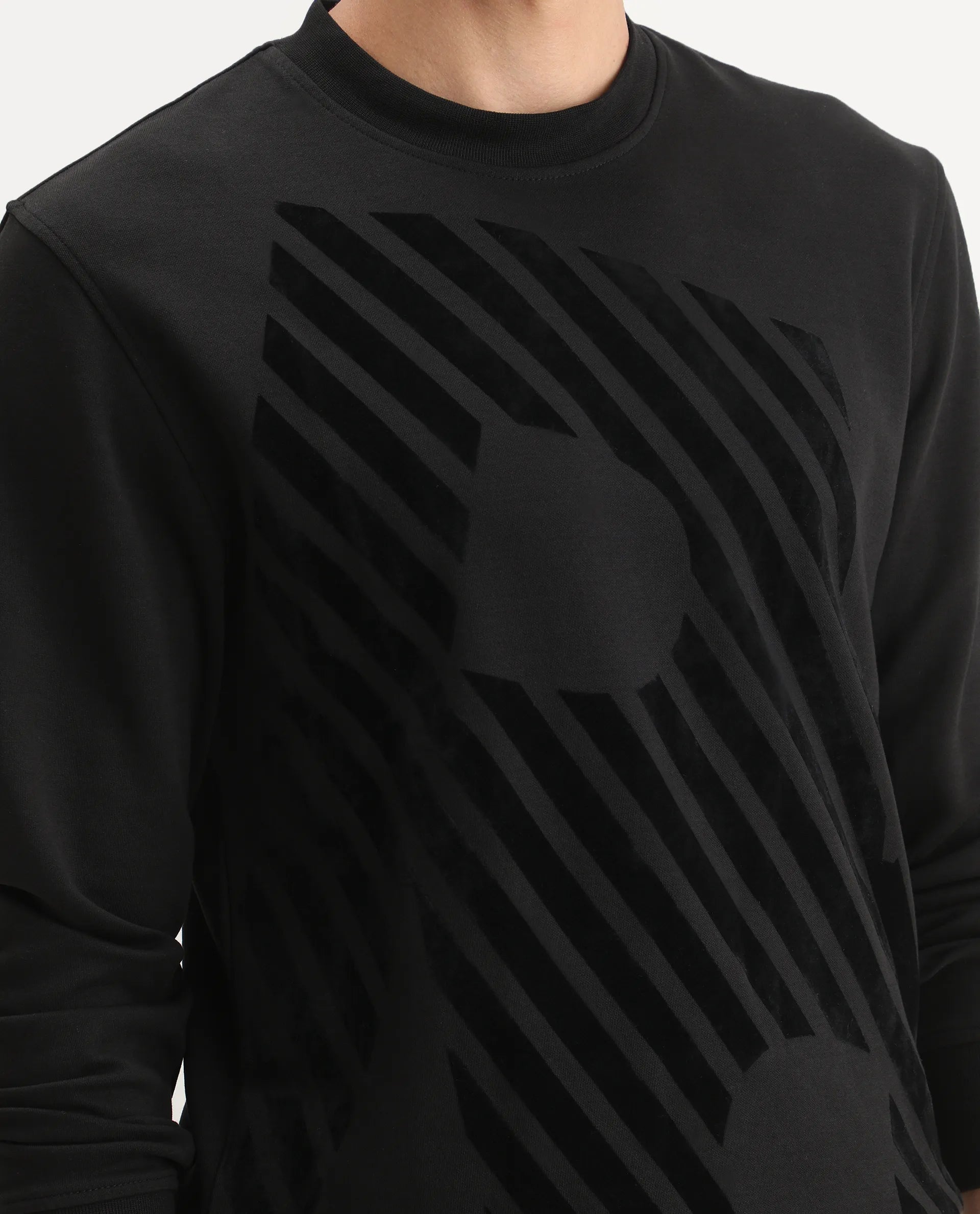 Rare Rabbit Men's Baron Black Plain Regular Fit Full Sleeve Crew Neck Sweatshirt