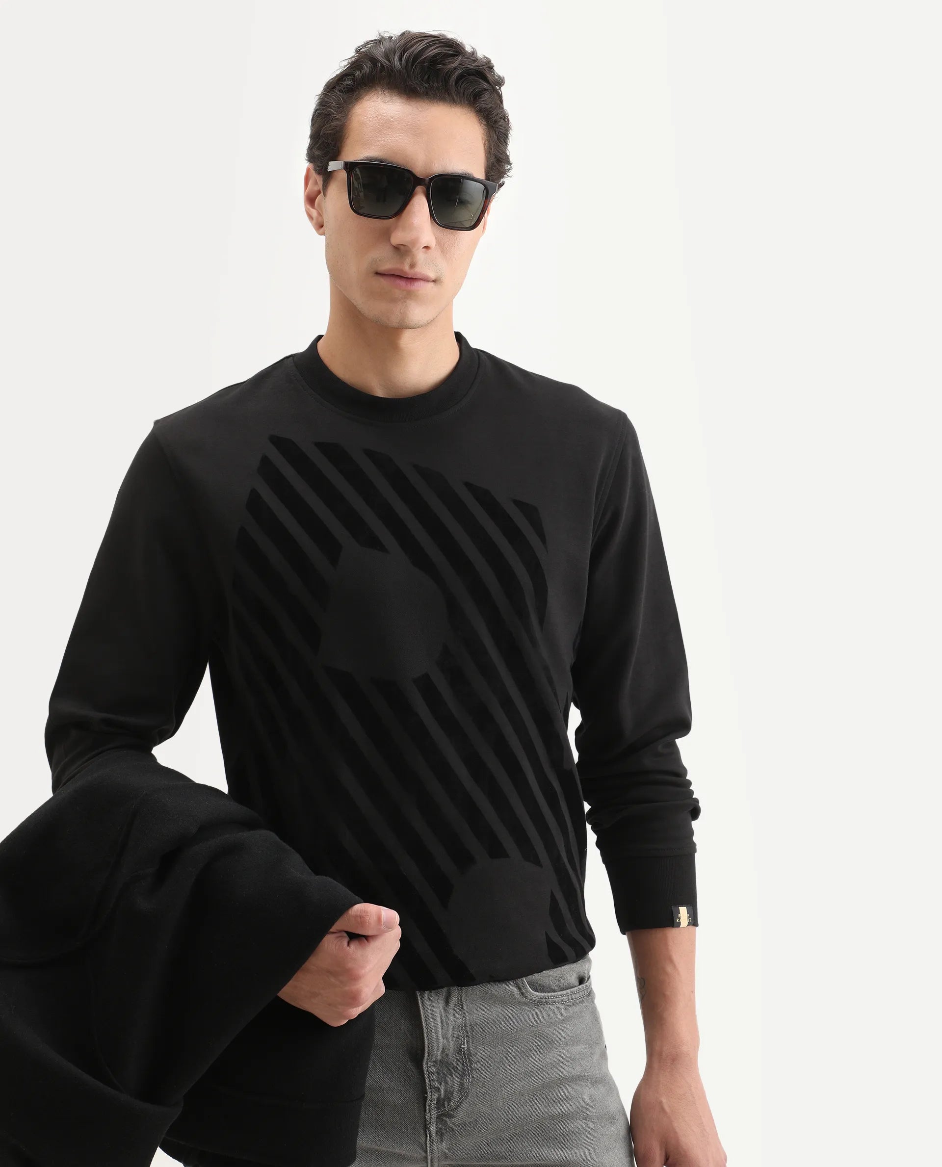 Rare Rabbit Men's Baron Black Plain Regular Fit Full Sleeve Crew Neck Sweatshirt