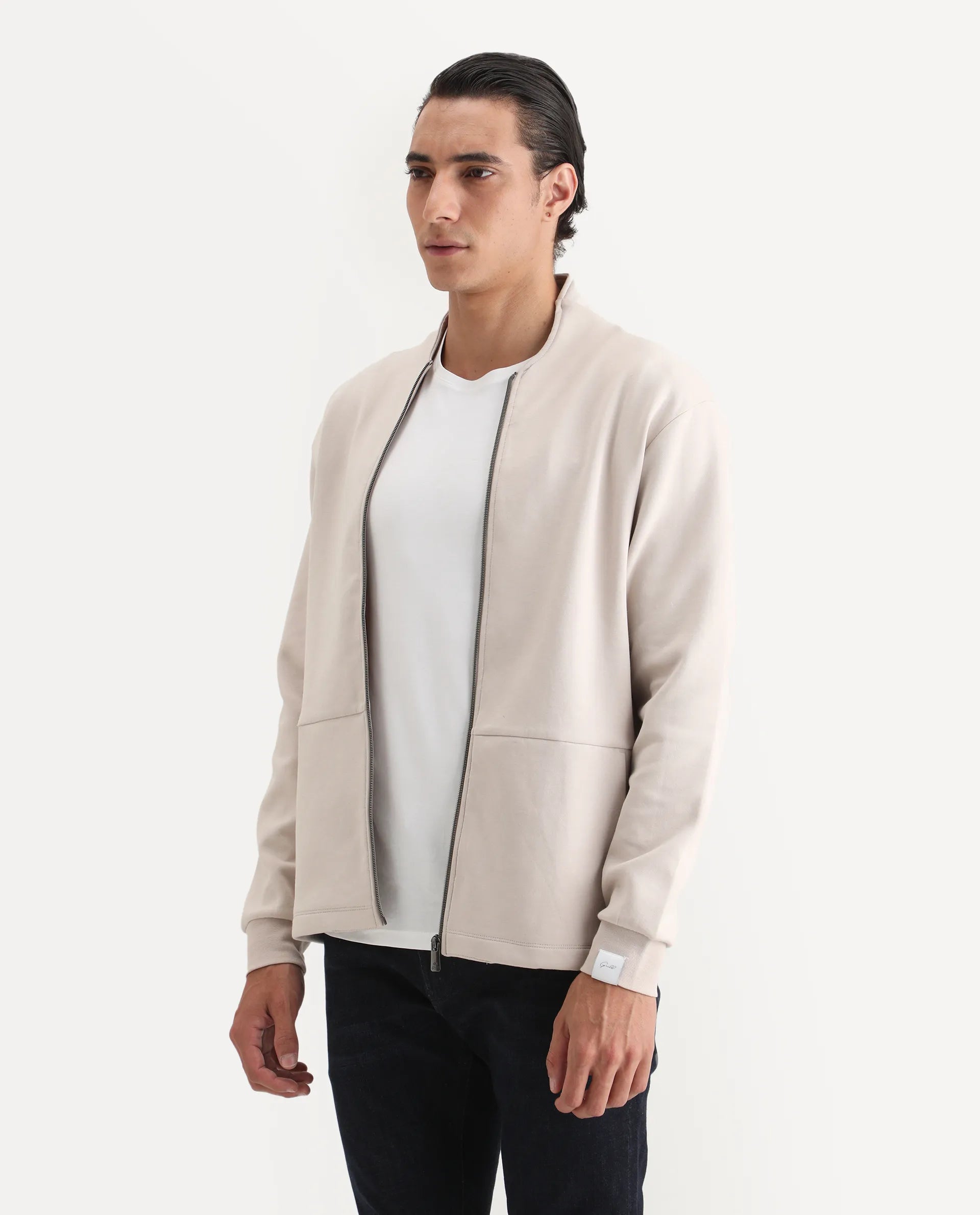 Rare Rabbit Men's Kezi Off White Cotton Blend Plain Regular Fit Full Sleeve High Neck Sweatshirt