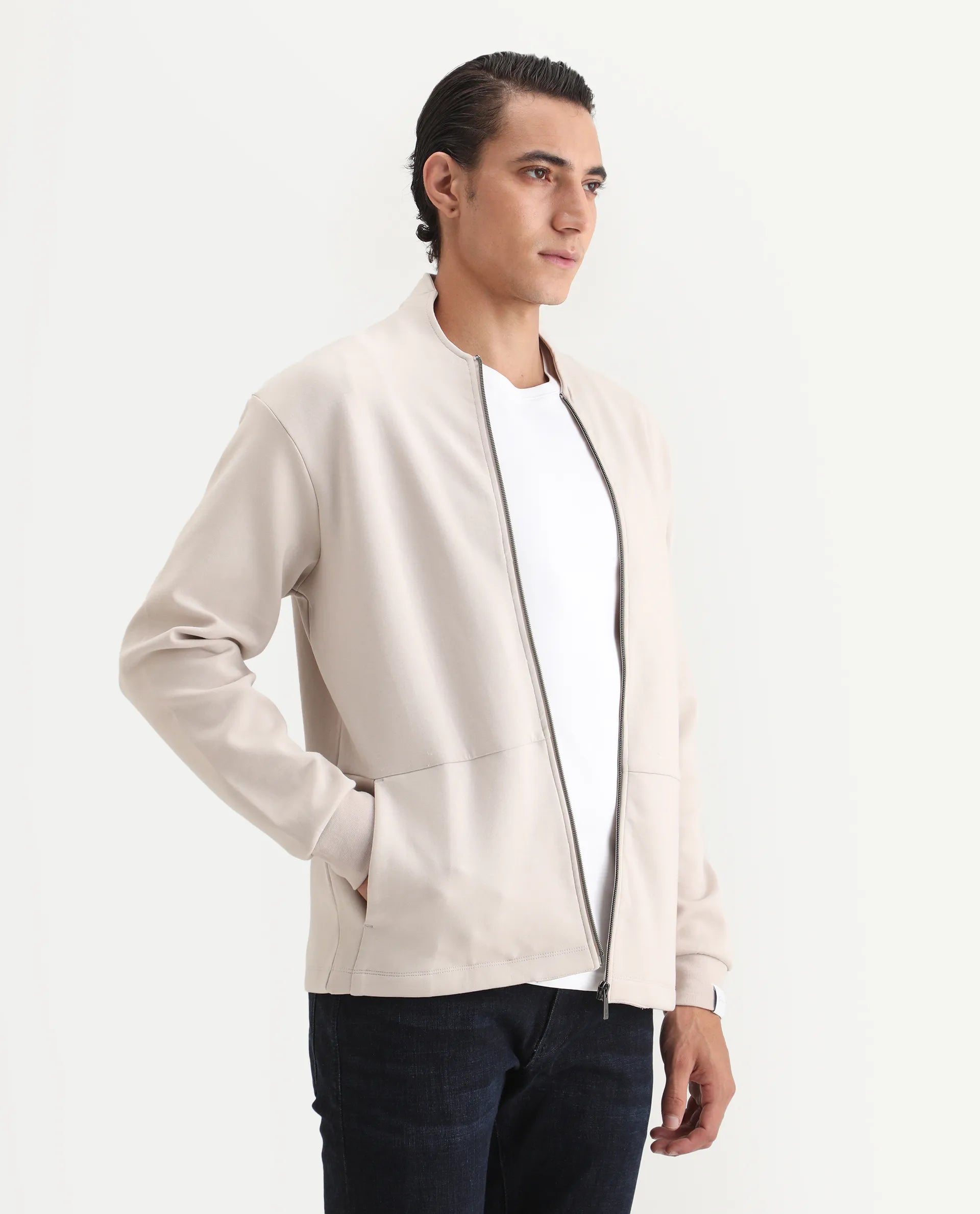 Rare Rabbit Men's Kezi Off White Cotton Blend Plain Regular Fit Full Sleeve High Neck Sweatshirt