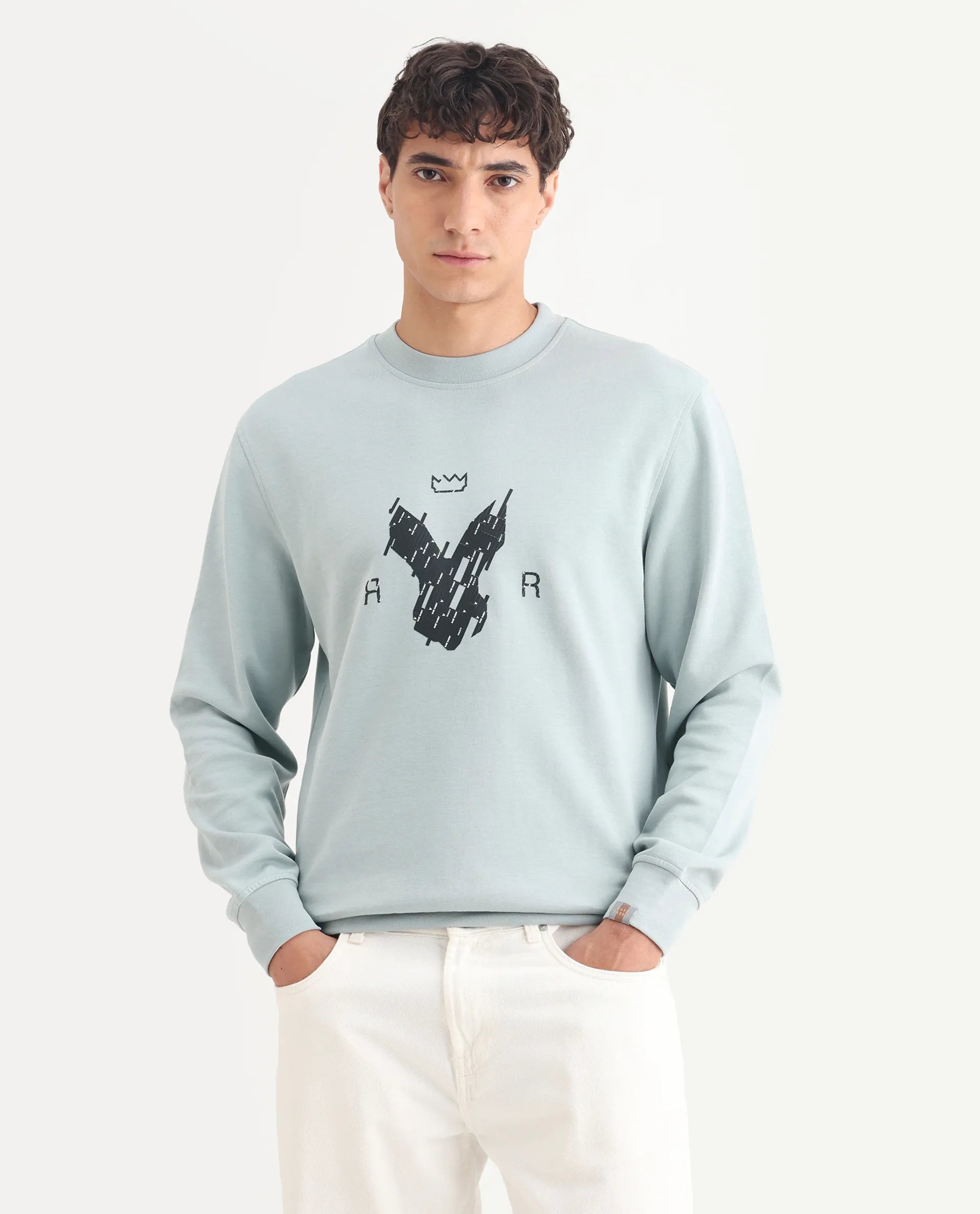 Rare Rabbit Men's Ref Light Grey Cotton Plain Regular Fit Full Sleeve Crew Neck Sweatshirt