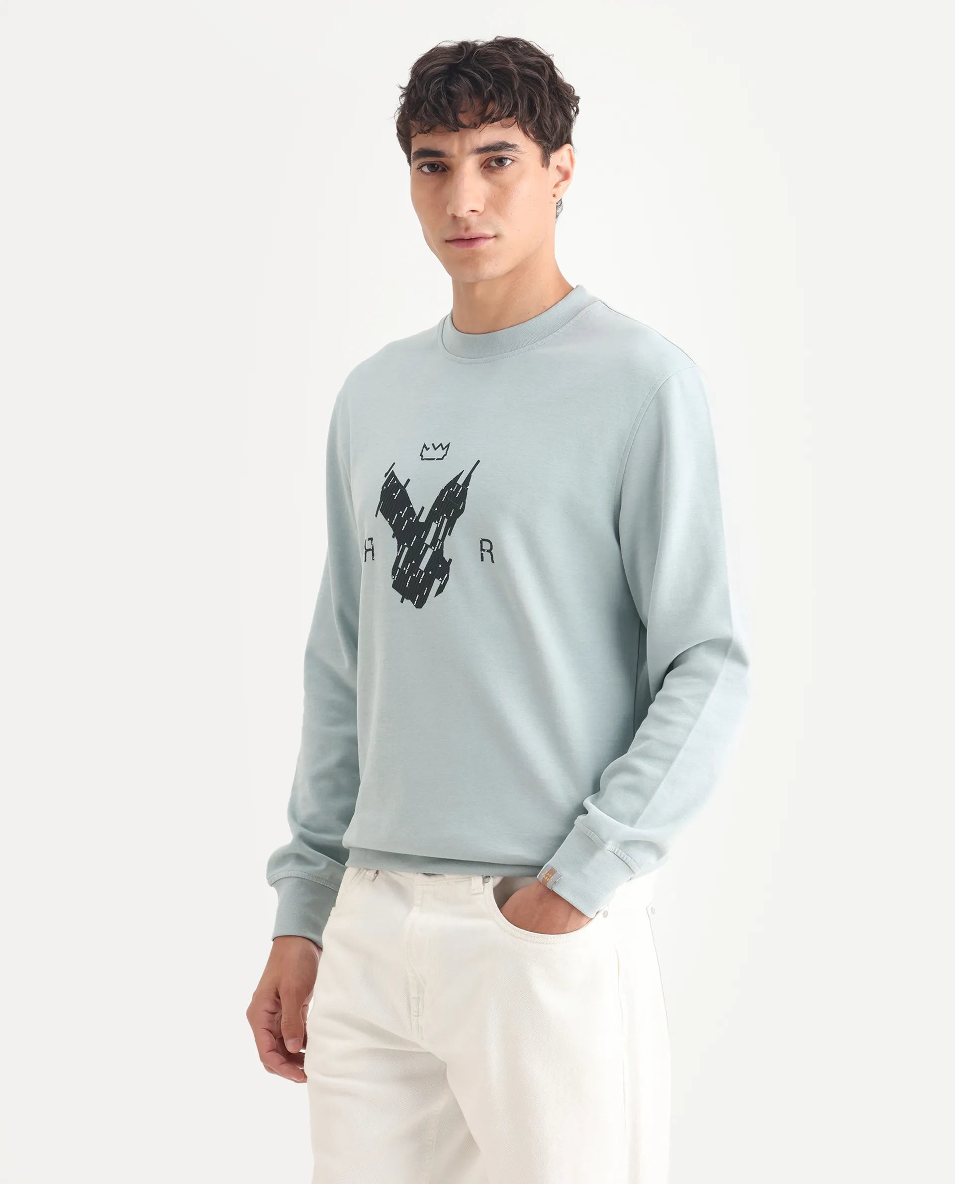 Rare Rabbit Men's Ref Light Grey Cotton Plain Regular Fit Full Sleeve Crew Neck Sweatshirt