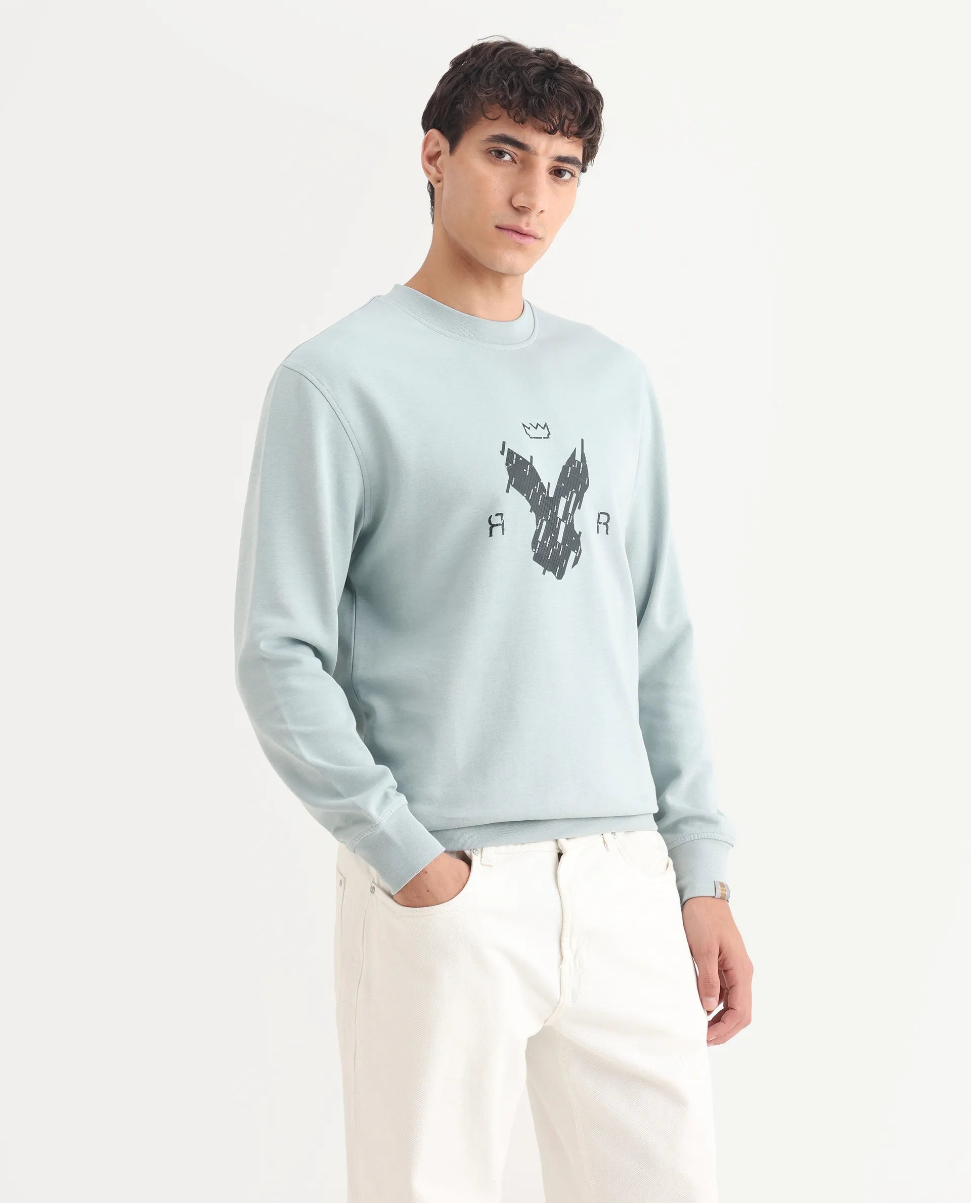 Rare Rabbit Men's Ref Light Grey Cotton Plain Regular Fit Full Sleeve Crew Neck Sweatshirt