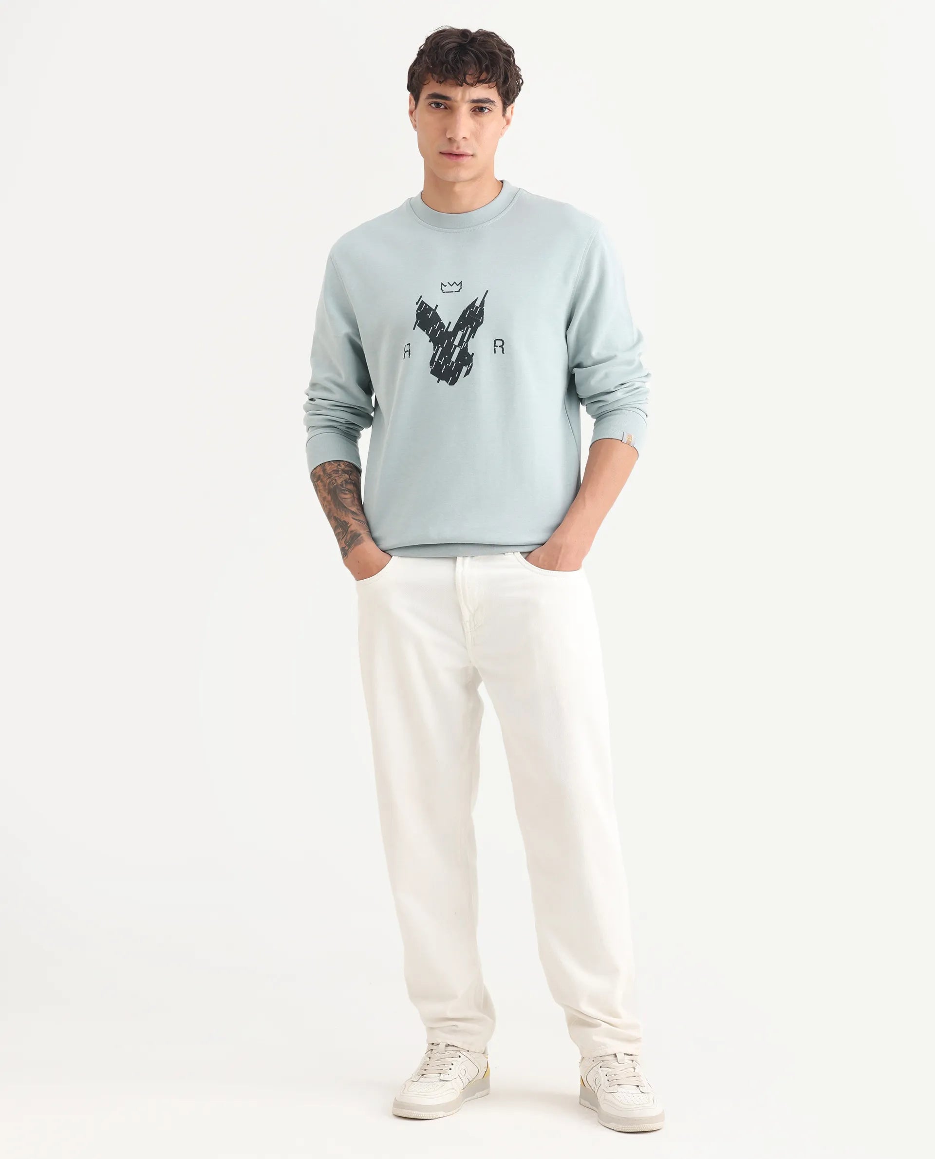 Rare Rabbit Men's Ref Light Grey Cotton Plain Regular Fit Full Sleeve Crew Neck Sweatshirt