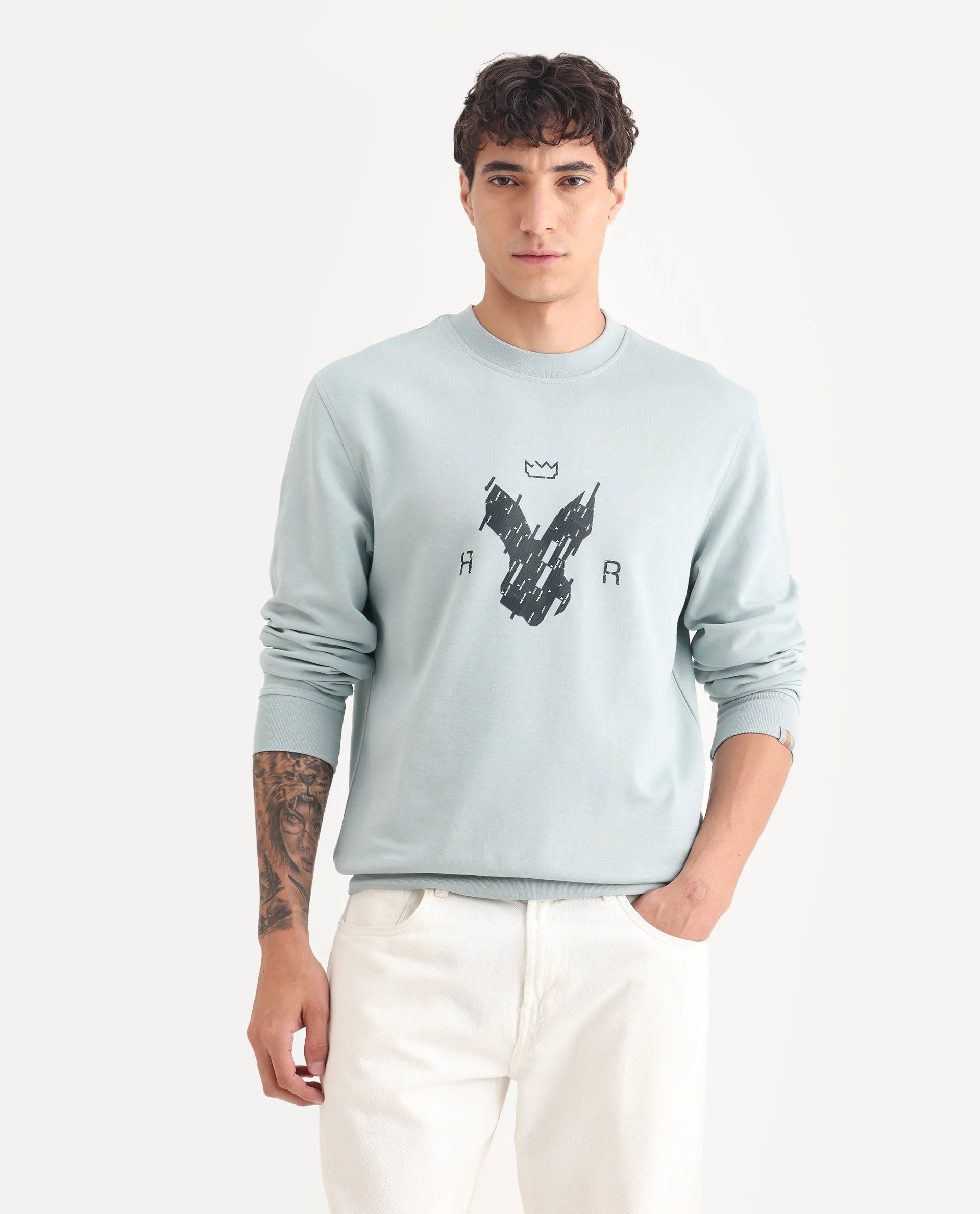 Rare Rabbit Men's Ref Light Grey Cotton Plain Regular Fit Full Sleeve Crew Neck Sweatshirt