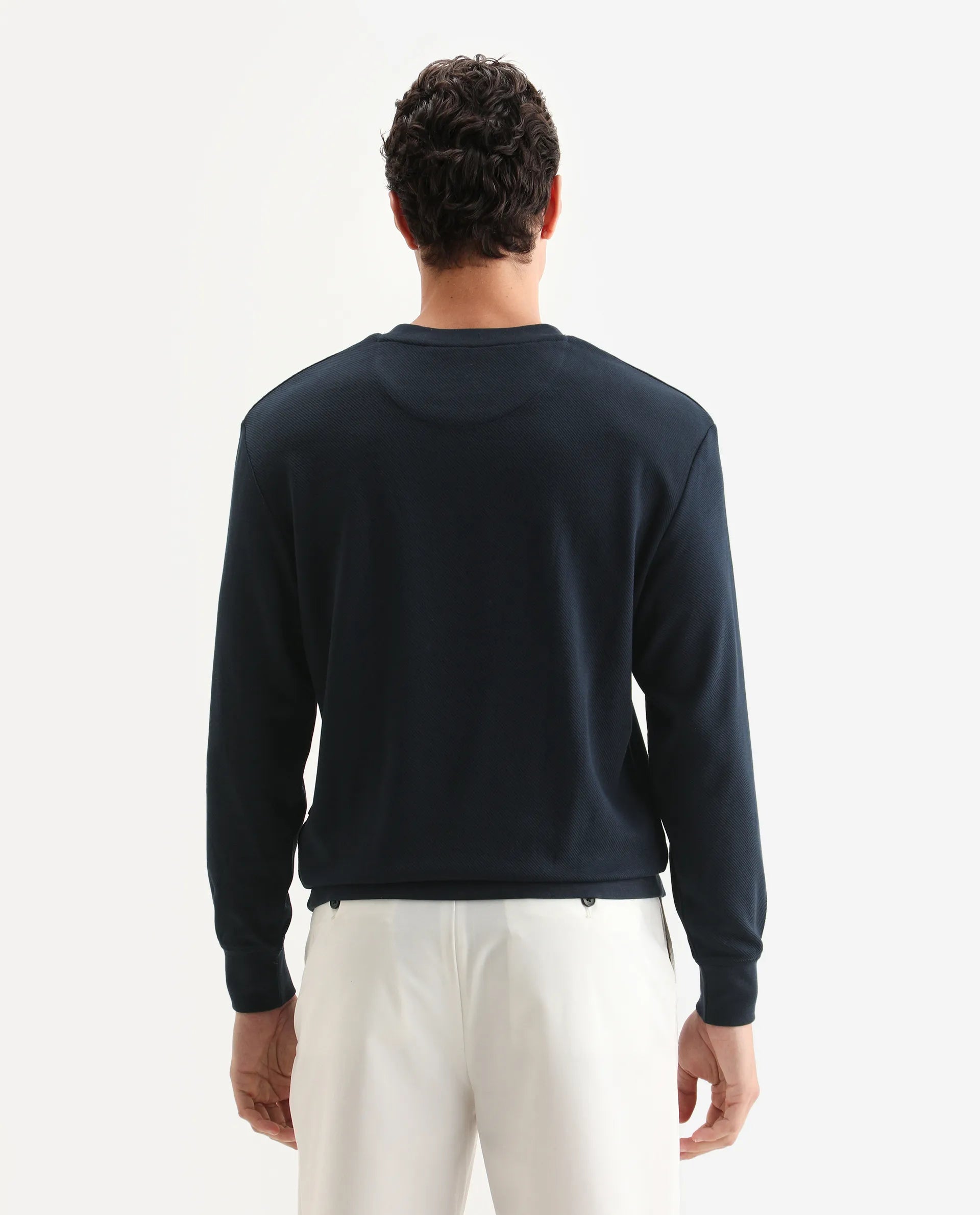 Rare Rabbit Men's Foy Navy Cotton Plain Regular Fit Full Sleeve Crew Neck Sweatshirt
