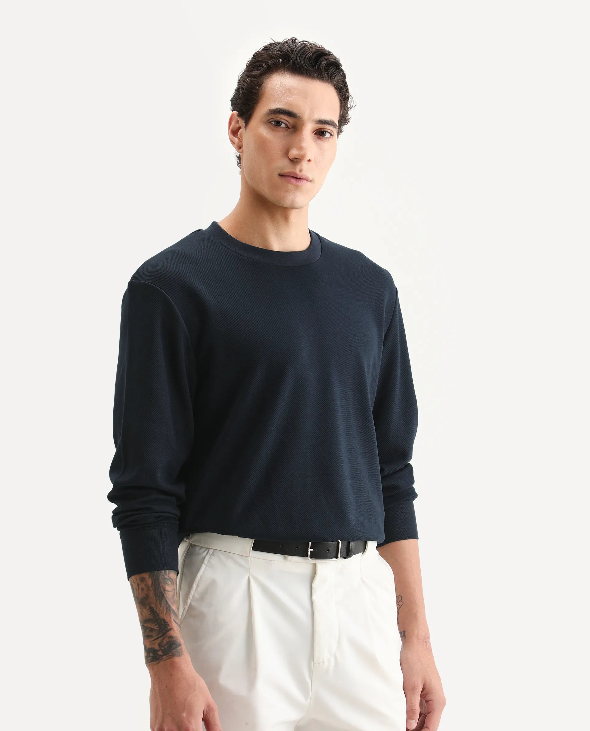 Rare Rabbit Men's Foy Navy Cotton Plain Regular Fit Full Sleeve Crew Neck Sweatshirt