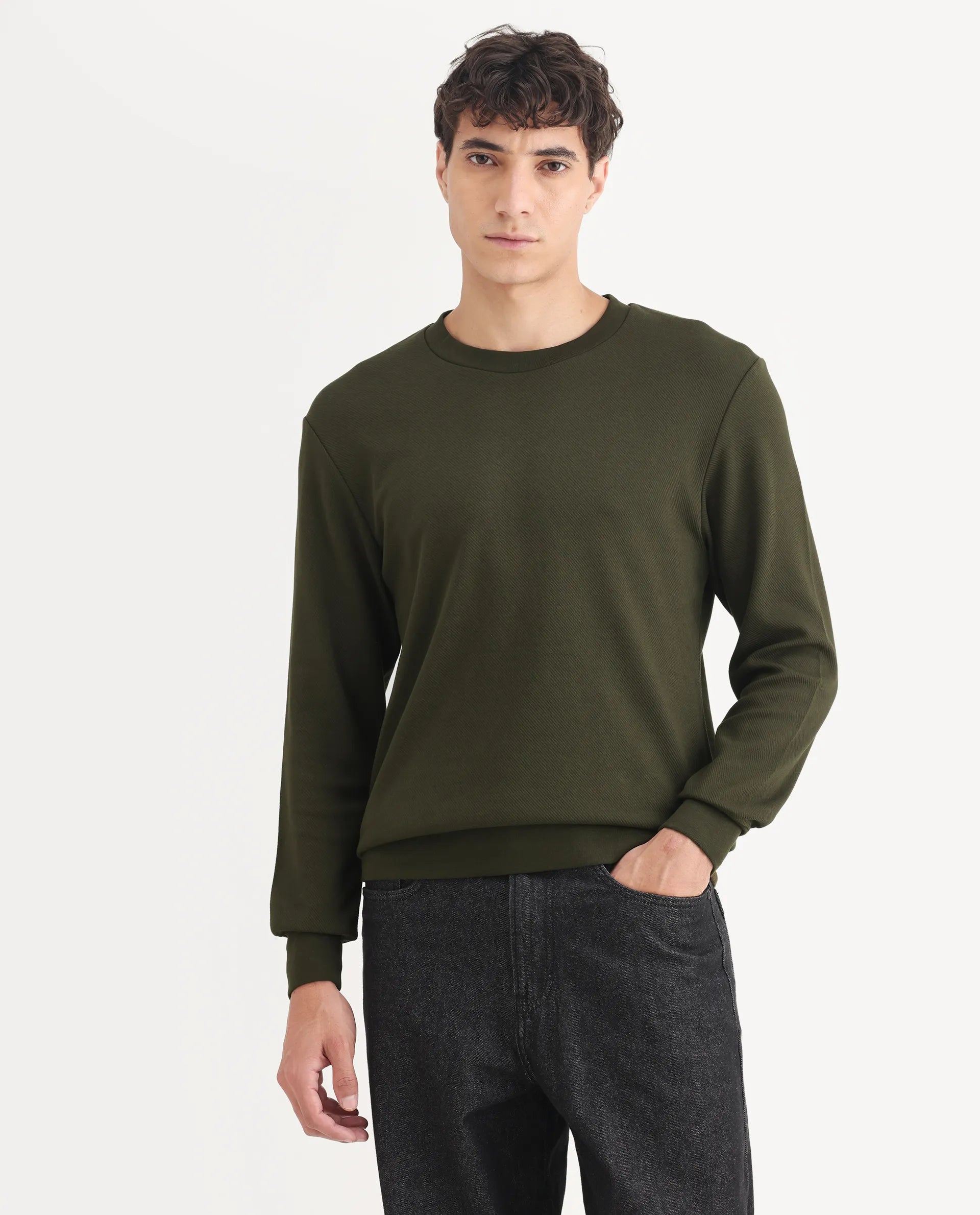 Rare Rabbit Men's Foy Olive Cotton Plain Regular Fit Full Sleeve Crew Neck Sweatshirt