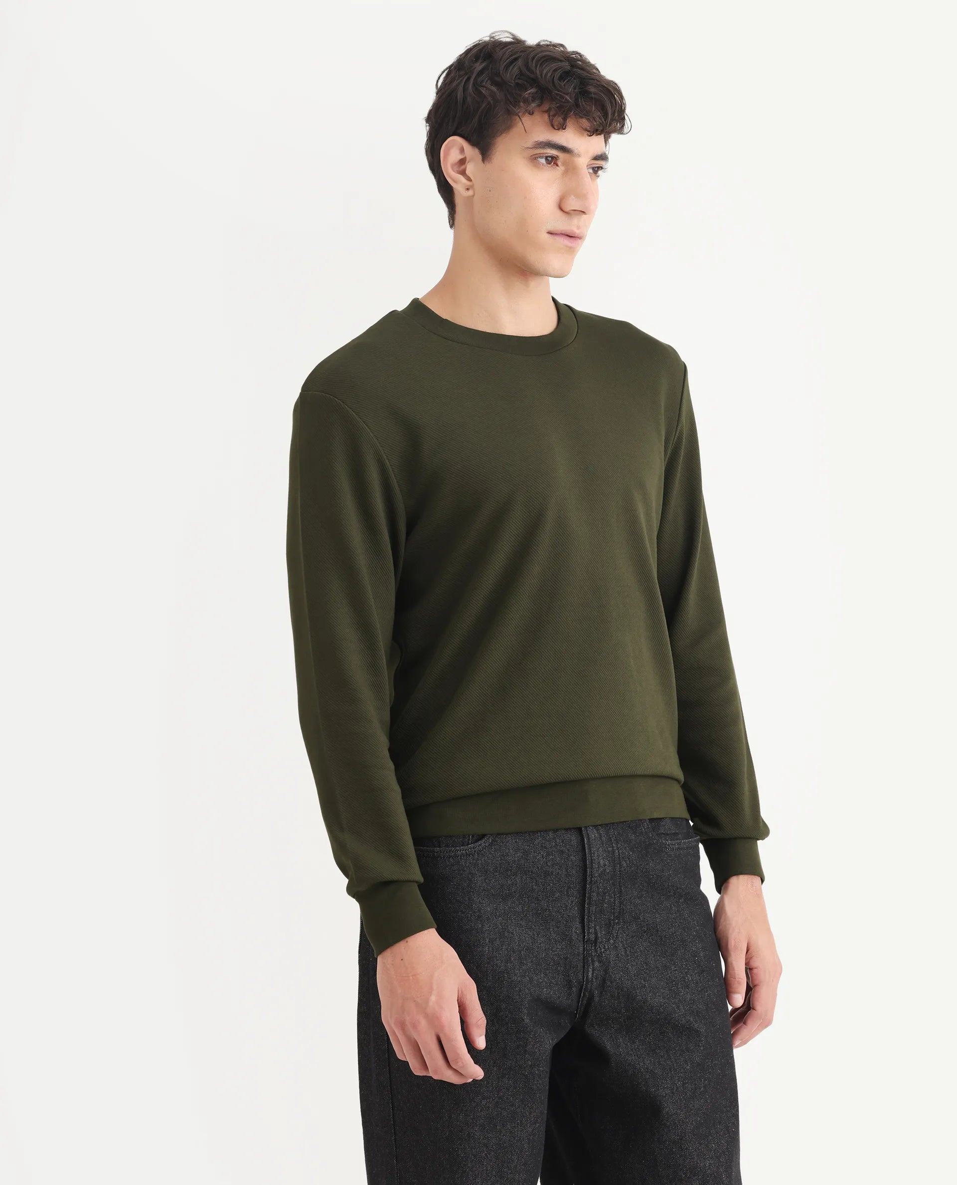 Rare Rabbit Men's Foy Olive Cotton Plain Regular Fit Full Sleeve Crew Neck Sweatshirt