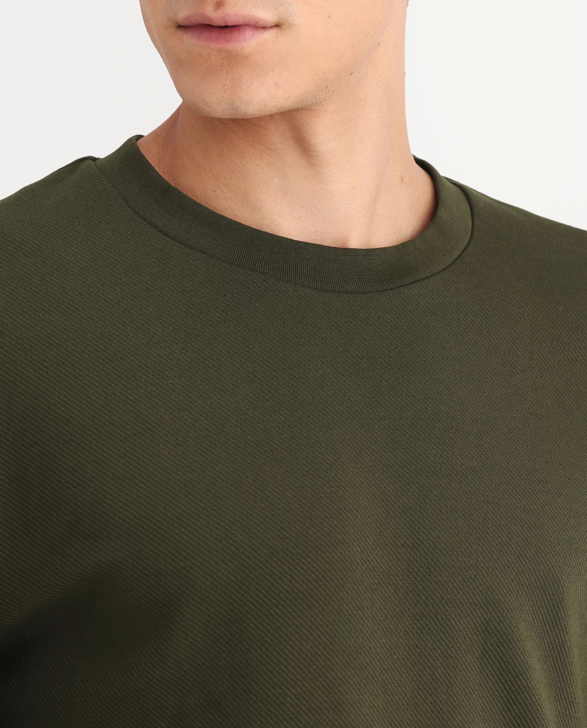 Rare Rabbit Men's Foy Olive Cotton Plain Regular Fit Full Sleeve Crew Neck Sweatshirt