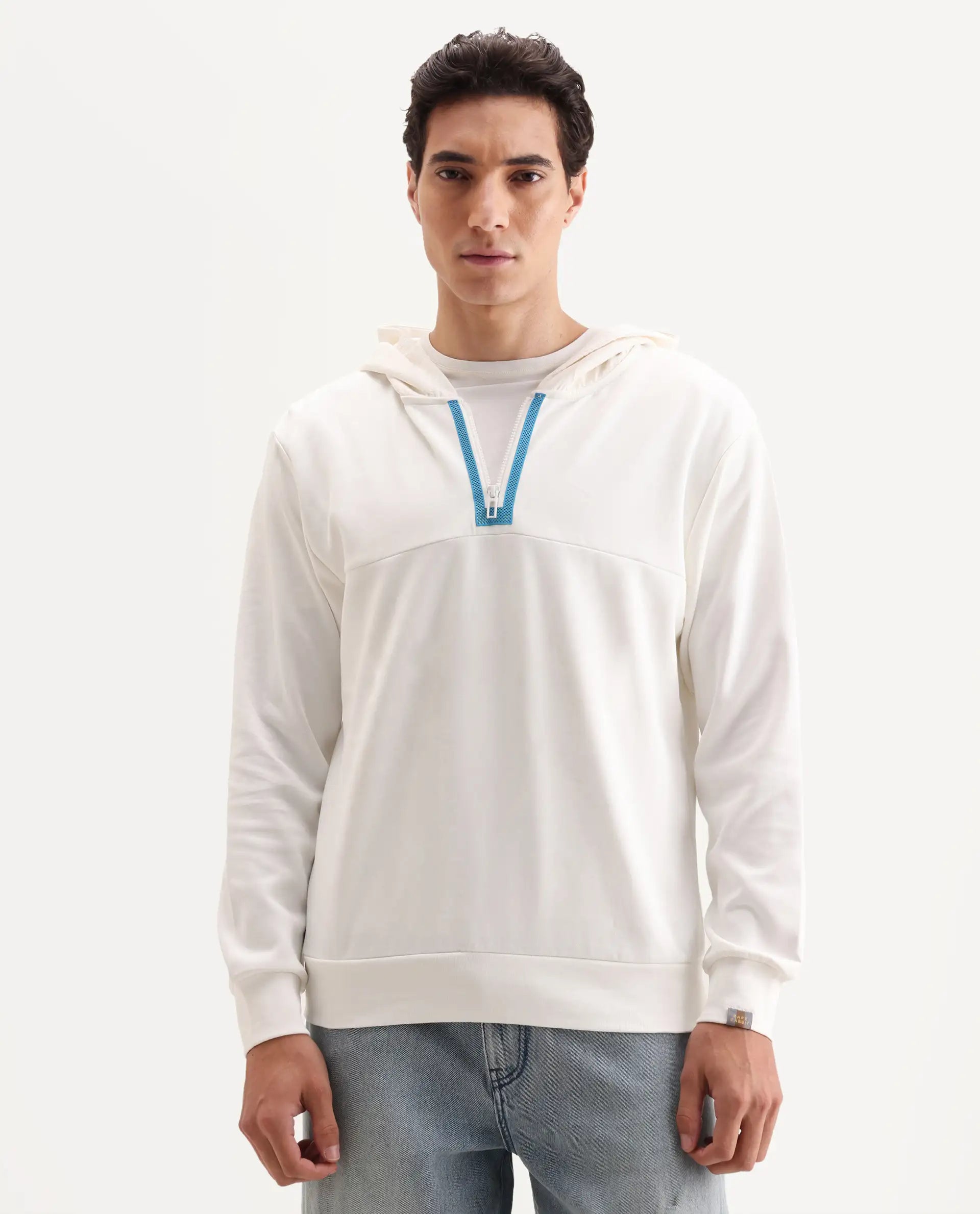 Rare Rabbit Men's Melt Off White Cotton Blend Plain Regular Fit Full Sleeve Hooded Sweatshirt