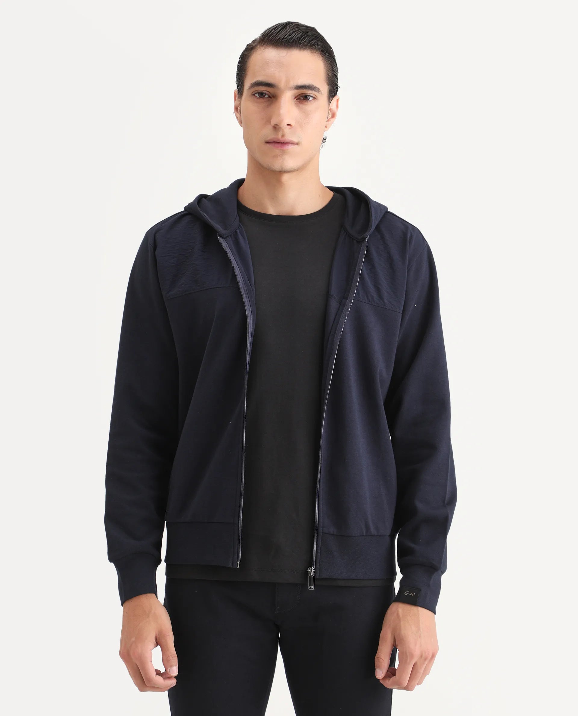 Rare Rabbit Men's Fego Navy Cotton Blend Plain Regular Fit Full Sleeve Hooded Sweatshirt