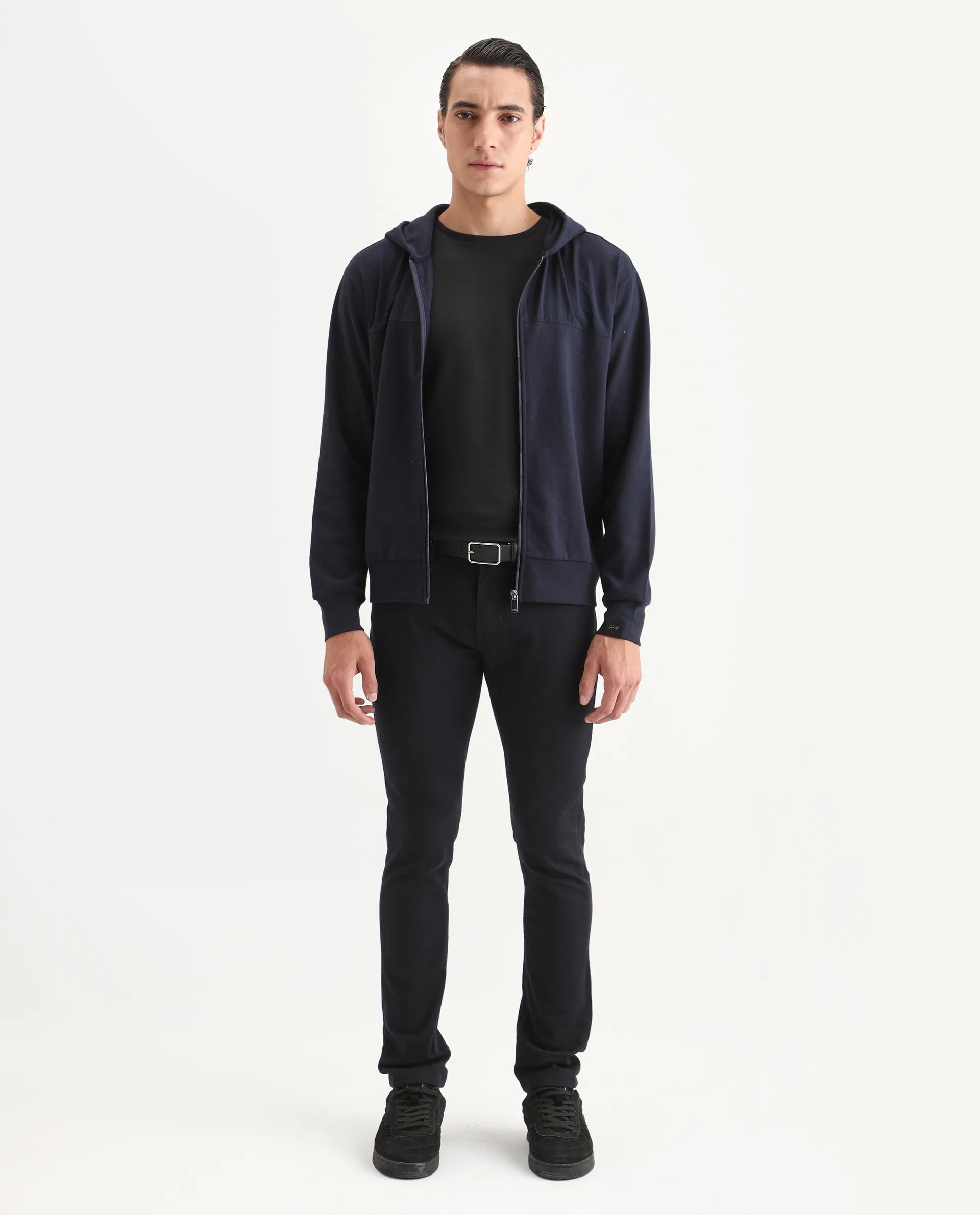 Rare Rabbit Men's Fego Navy Cotton Blend Plain Regular Fit Full Sleeve Hooded Sweatshirt