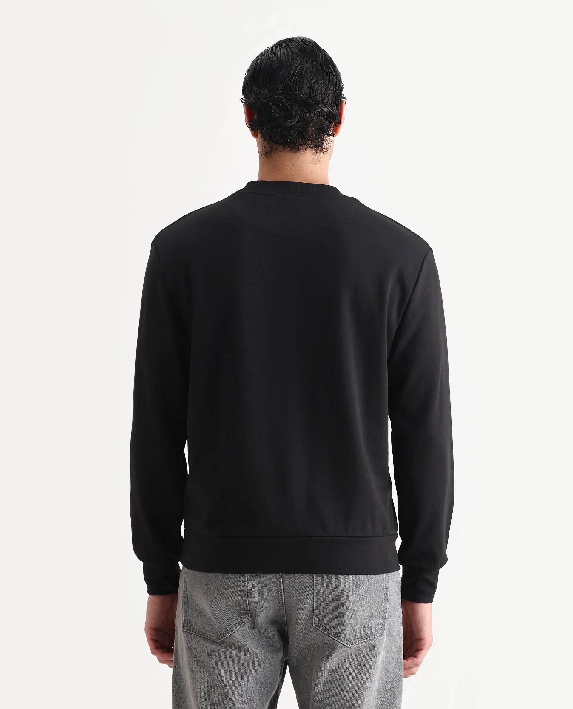 Rare Rabbit Men's Kevon Black Polyester Blend Plain Regular Fit Full Sleeve Crew Neck Sweatshirt