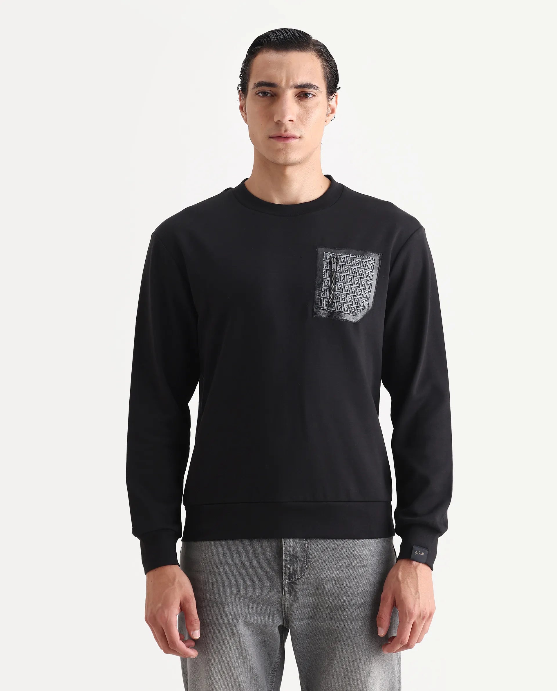 Rare Rabbit Men's Kevon Black Polyester Blend Plain Regular Fit Full Sleeve Crew Neck Sweatshirt