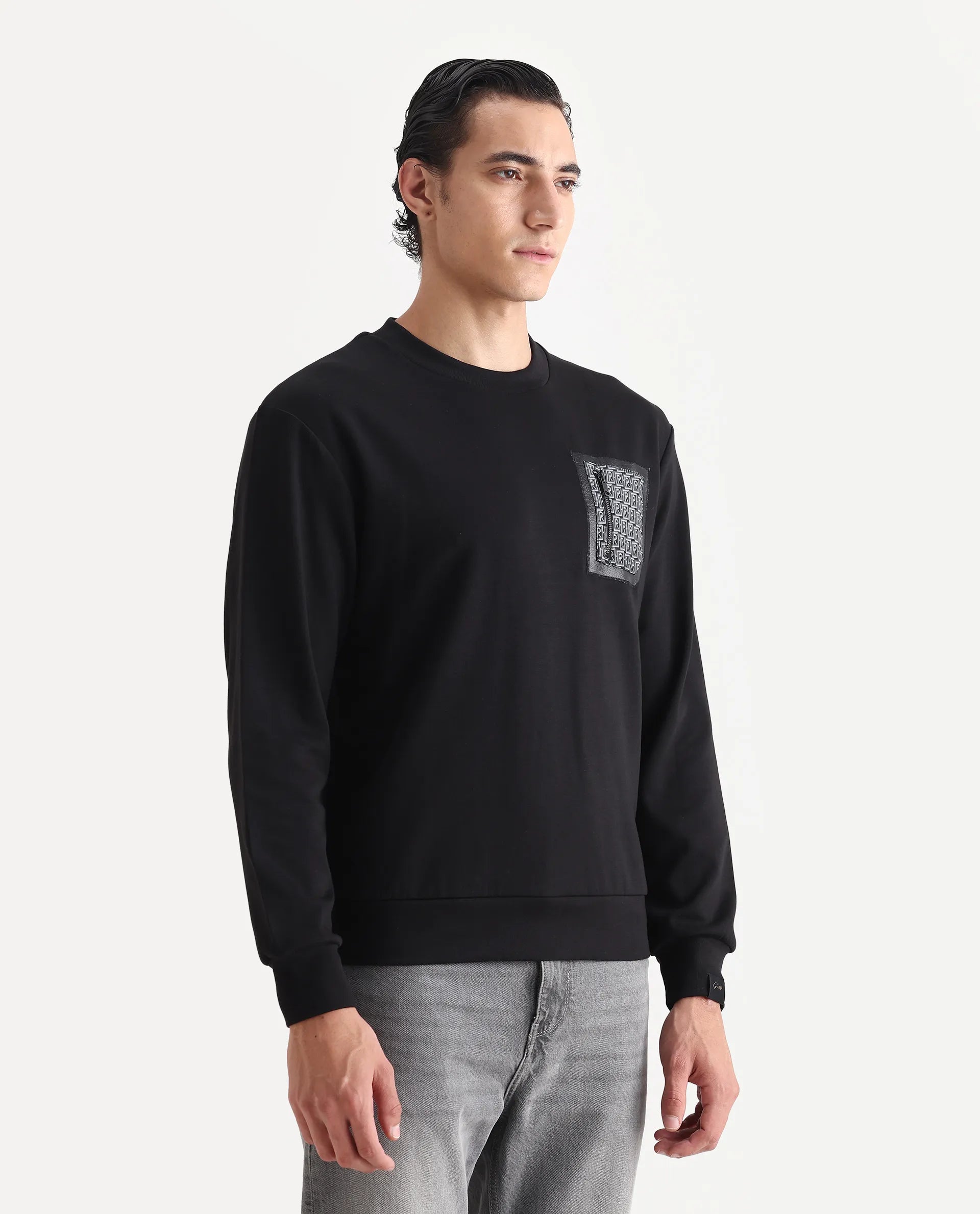 Rare Rabbit Men's Kevon Black Polyester Blend Plain Regular Fit Full Sleeve Crew Neck Sweatshirt