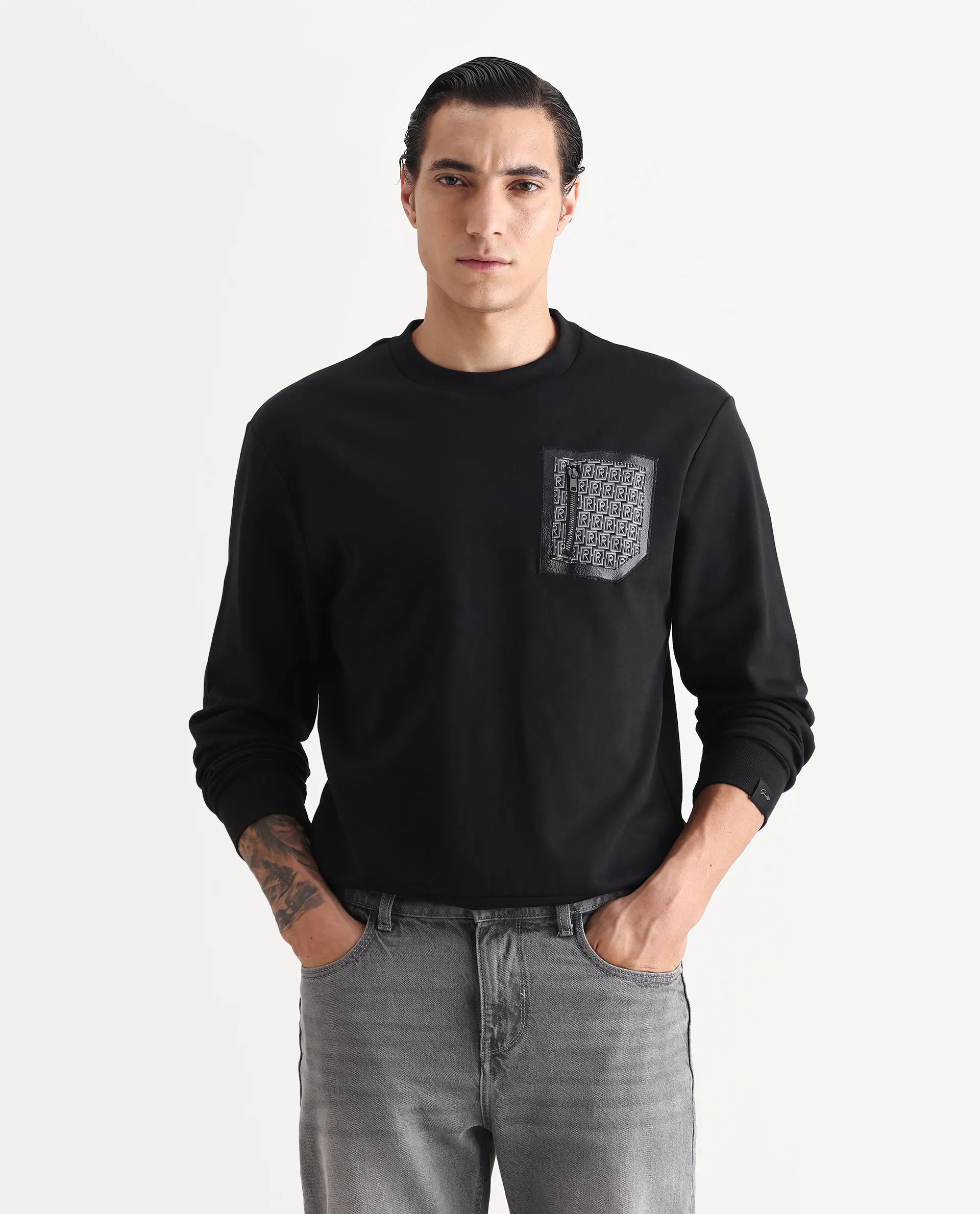 Rare Rabbit Men's Kevon Black Cotton Blend Plain Regular Fit Full Sleeve Crew Neck Sweatshirt