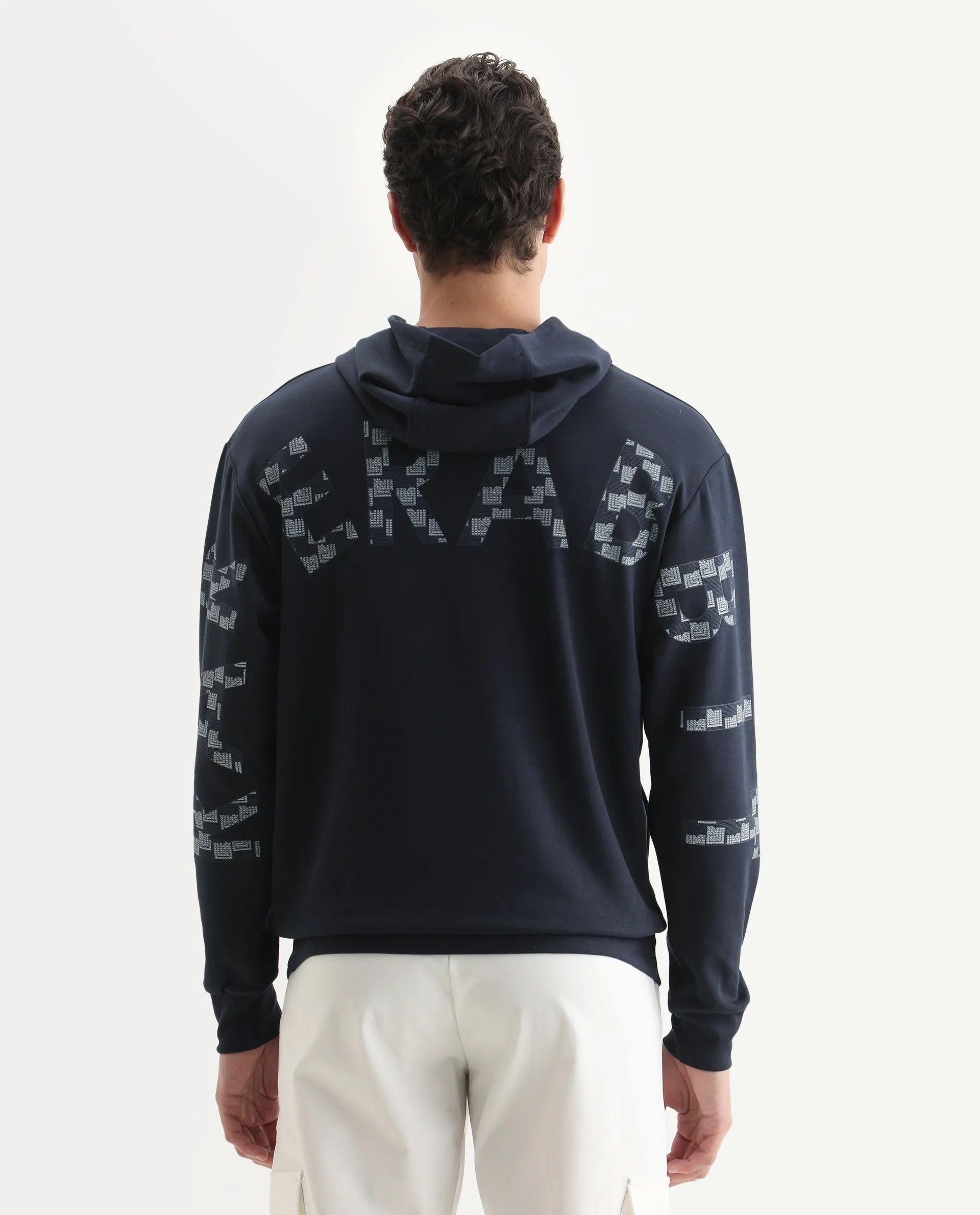 Rare Rabbit Men's Lobo Navy Cotton Graphic Print Regular Fit Full Sleeve Hooded Sweatshirt