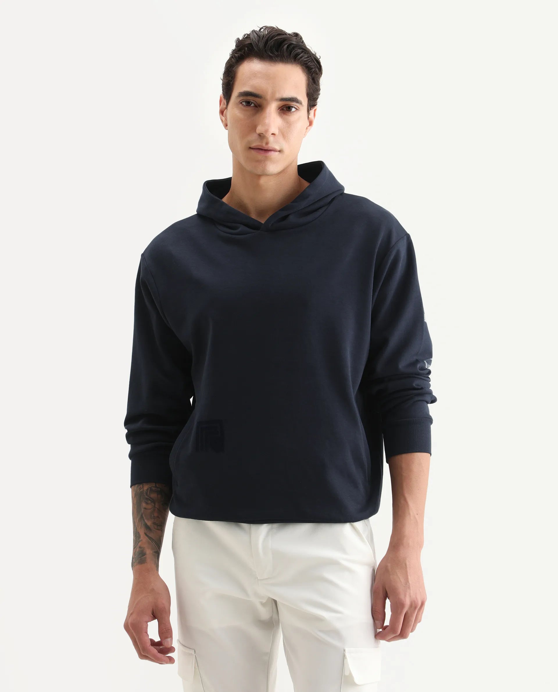 Rare Rabbit Men's Lobo Navy Cotton Graphic Print Regular Fit Full Sleeve Hooded Sweatshirt