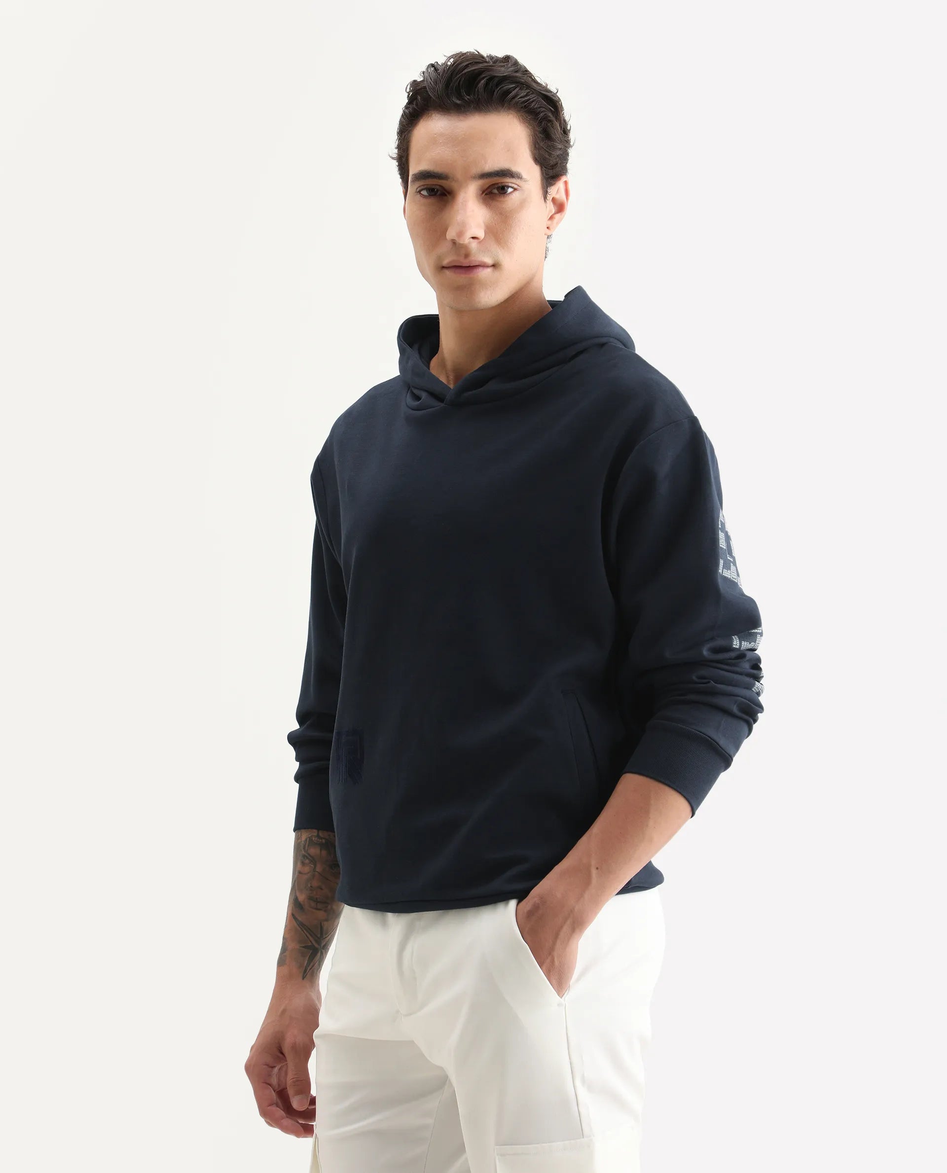 Rare Rabbit Men's Lobo Navy Cotton Graphic Print Regular Fit Full Sleeve Hooded Sweatshirt