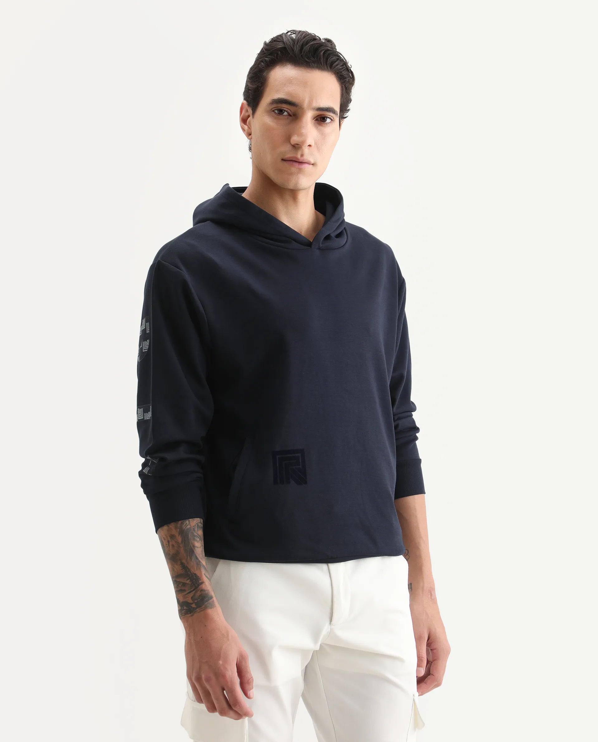 Rare Rabbit Men's Lobo Navy Cotton Graphic Print Regular Fit Full Sleeve Hooded Sweatshirt