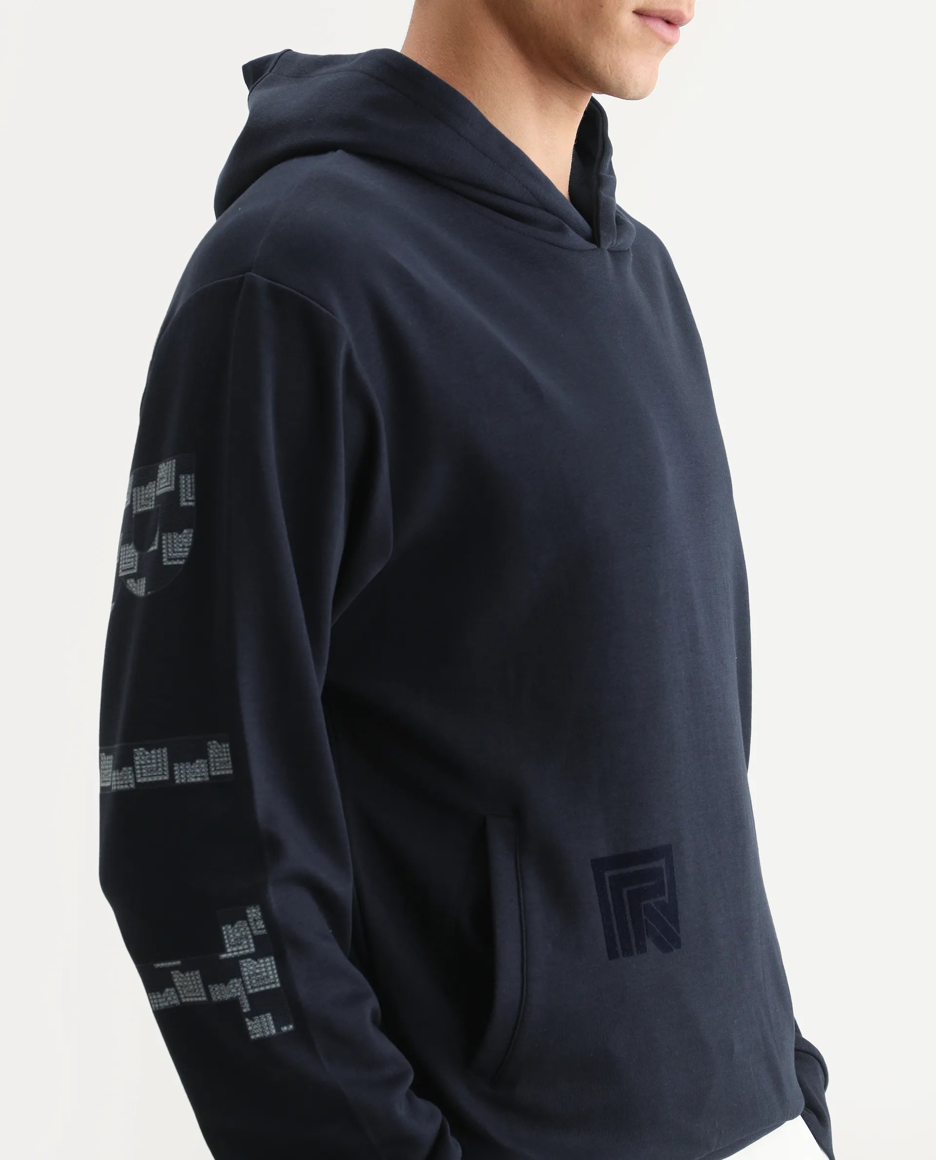 Rare Rabbit Men's Lobo Navy Cotton Graphic Print Regular Fit Full Sleeve Hooded Sweatshirt