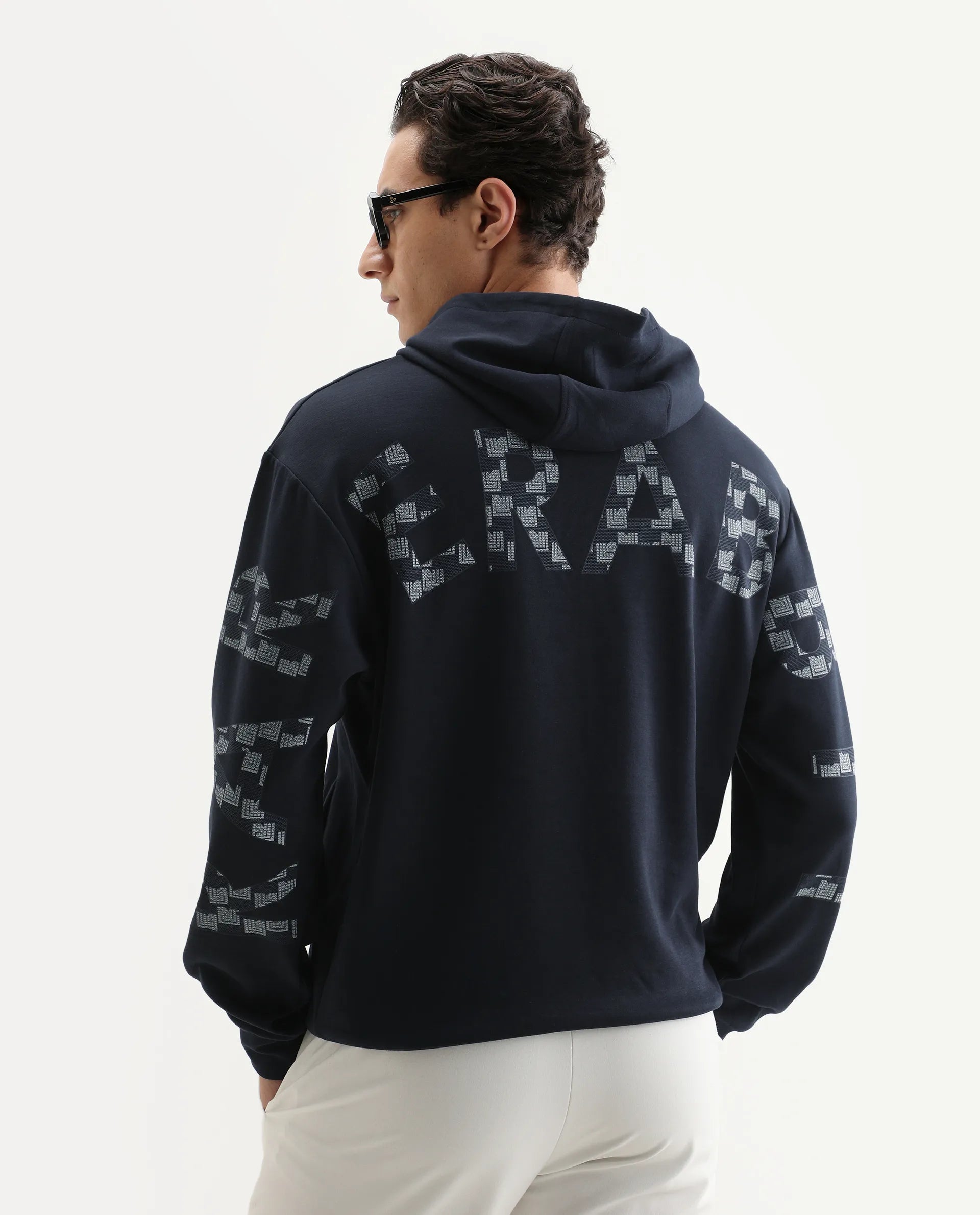 Rare Rabbit Men's Lobo Navy Cotton Graphic Print Regular Fit Full Sleeve Hooded Sweatshirt