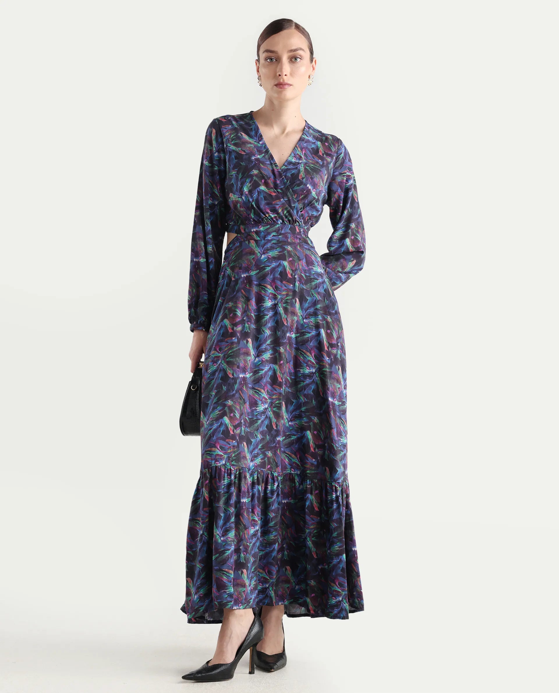 Rareism Women's Seppo Dark Multi Viscose Overlap Neck Abstract Print Bishop Sleeve Maxi Fit And Flare Dress