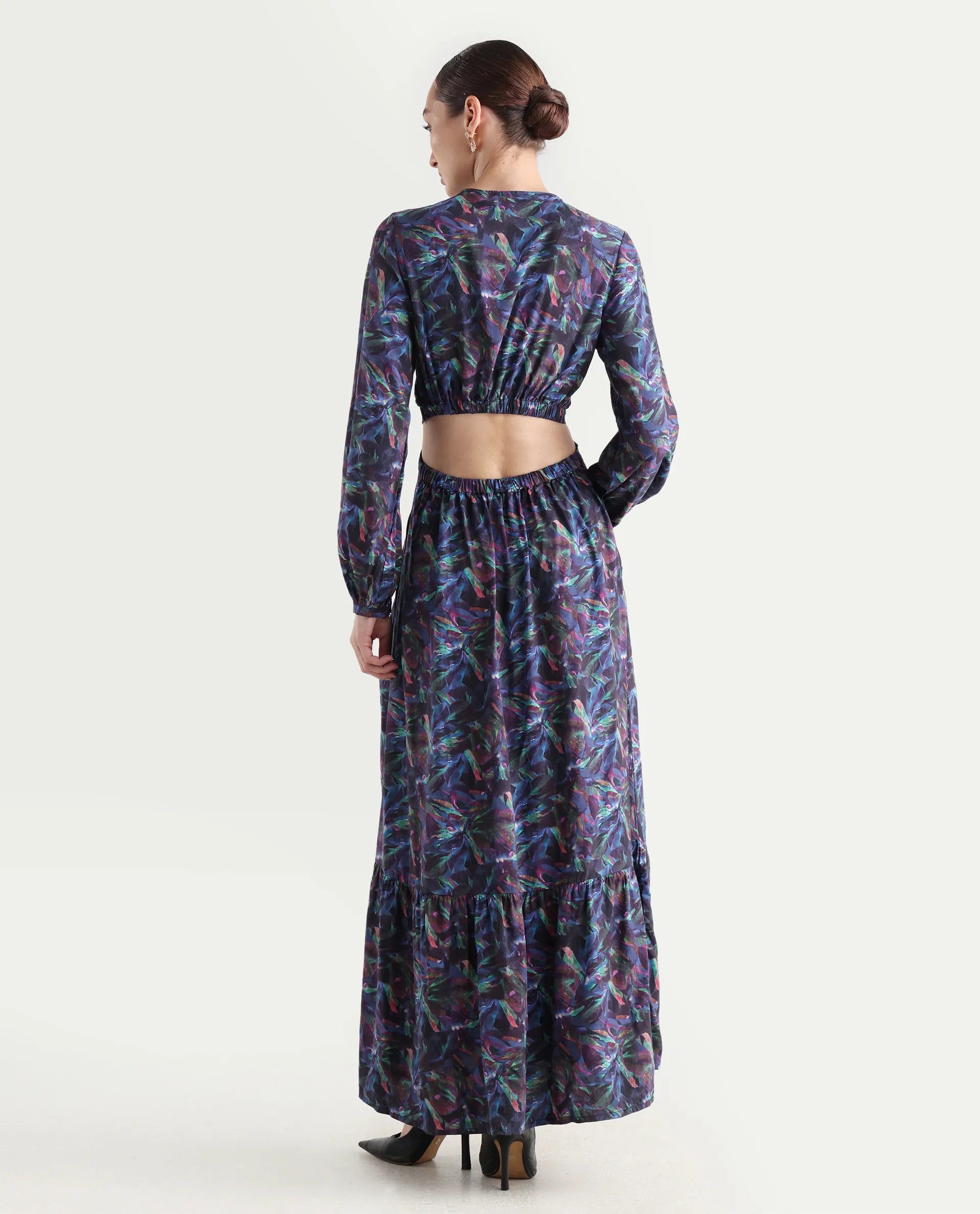 Rareism Women's Seppo Dark Multi Viscose Overlap Neck Abstract Print Bishop Sleeve Maxi Fit And Flare Dress