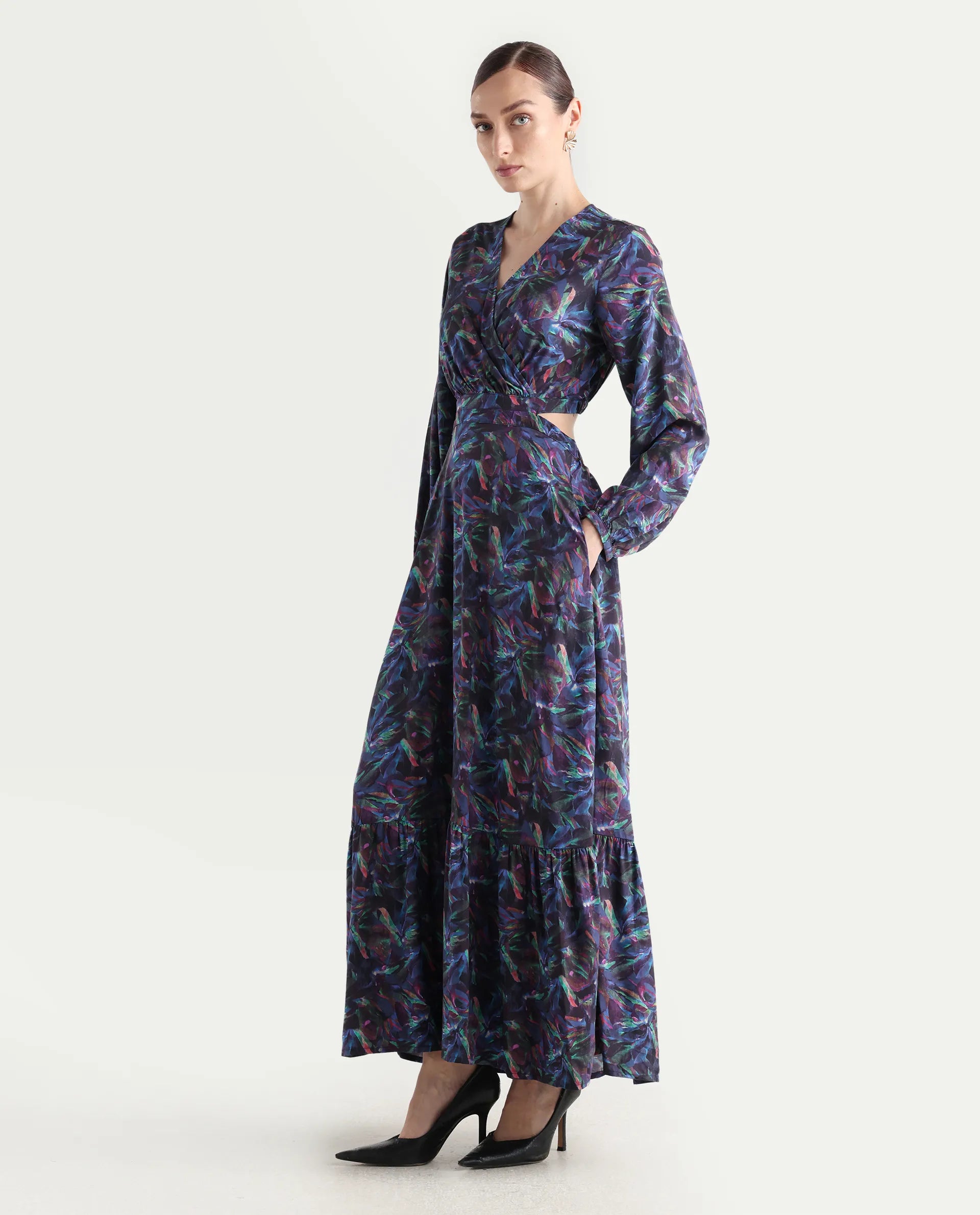 Rareism Women's Seppo Dark Multi Viscose Overlap Neck Abstract Print Bishop Sleeve Maxi Fit And Flare Dress