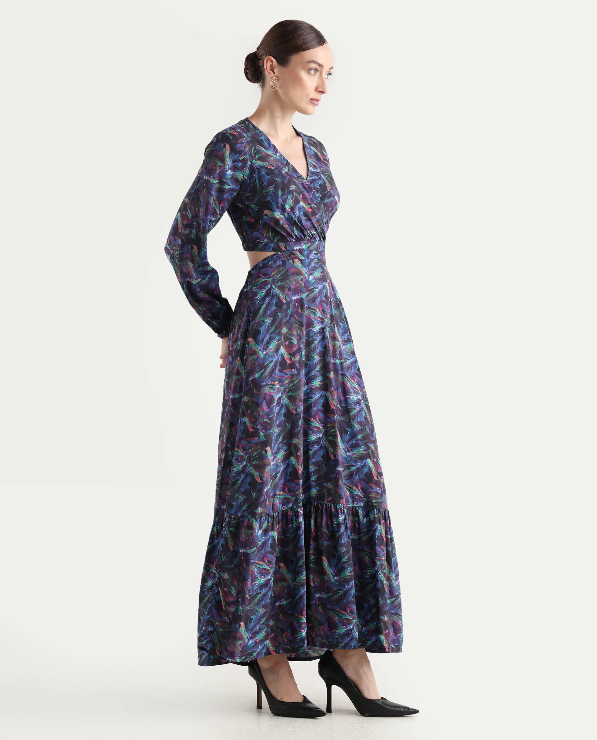 Rareism Women's Seppo Dark Multi Viscose Overlap Neck Abstract Print Bishop Sleeve Maxi Fit And Flare Dress